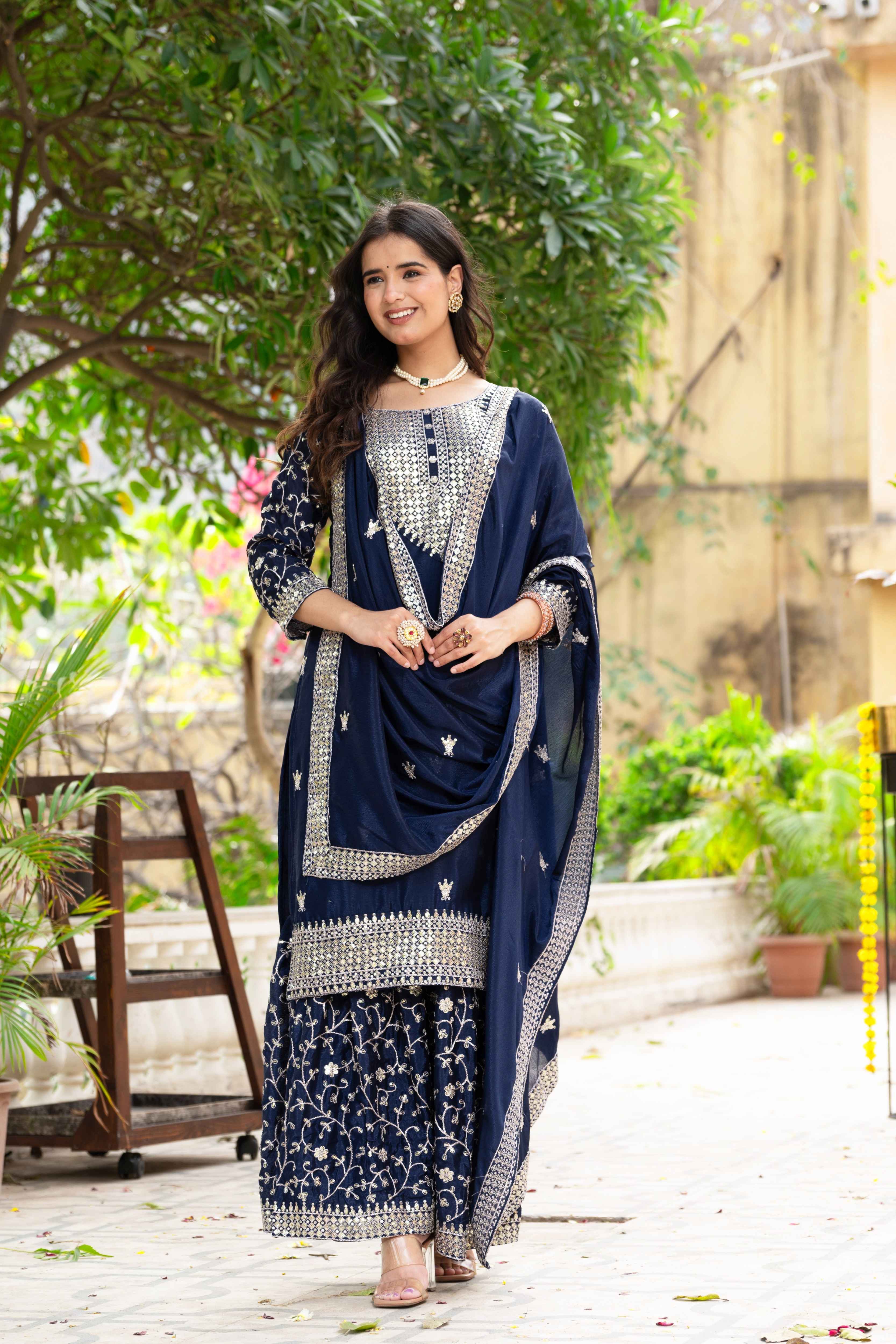 Enchanting Navy Blue Chinon Sequence Embroidery Wedding Wear Sharara Suit With Dupatta