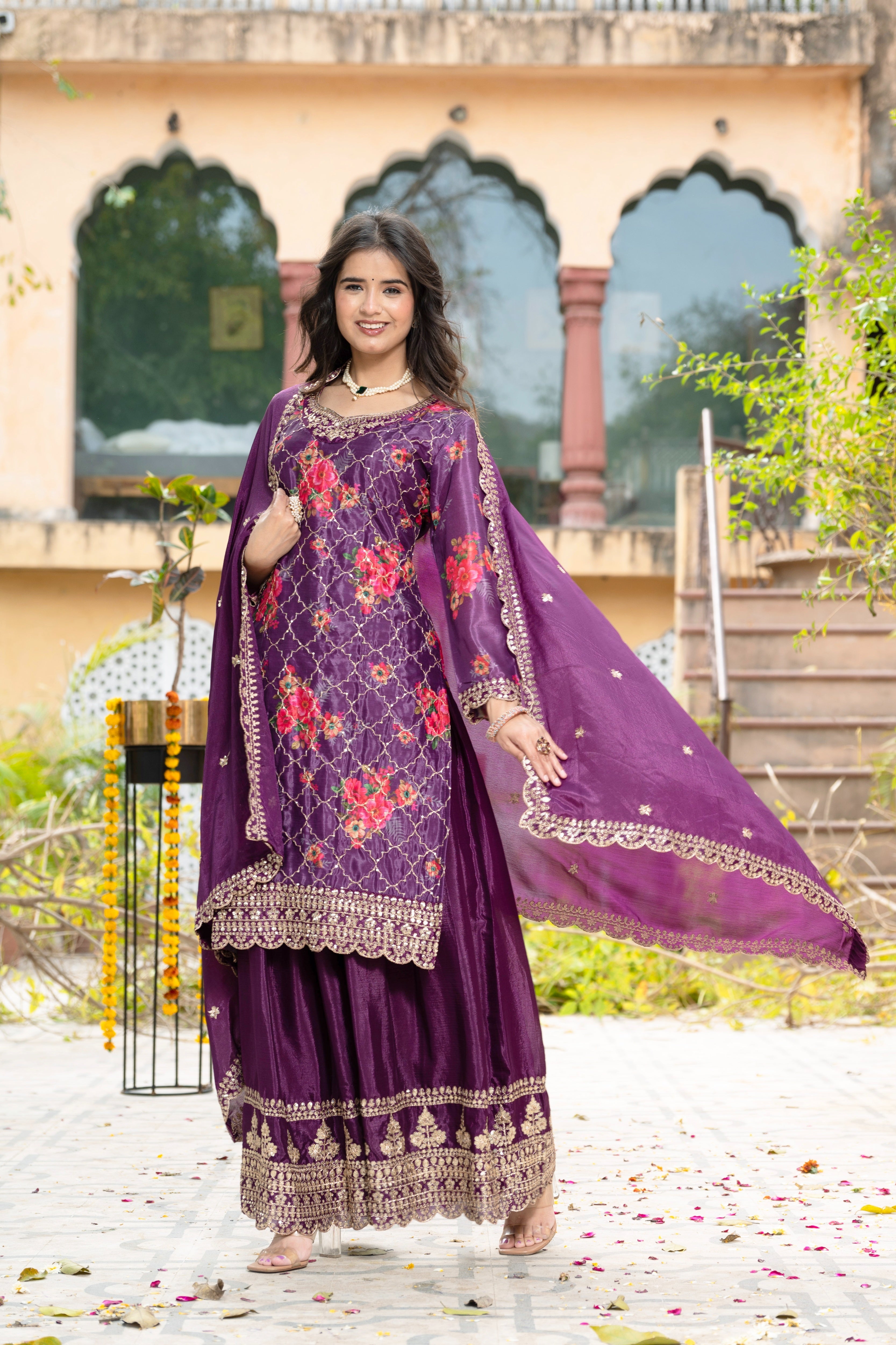 Gorgeous Wine Silk Digital Printed Embroidery Designer sharara Suit With Dupatta