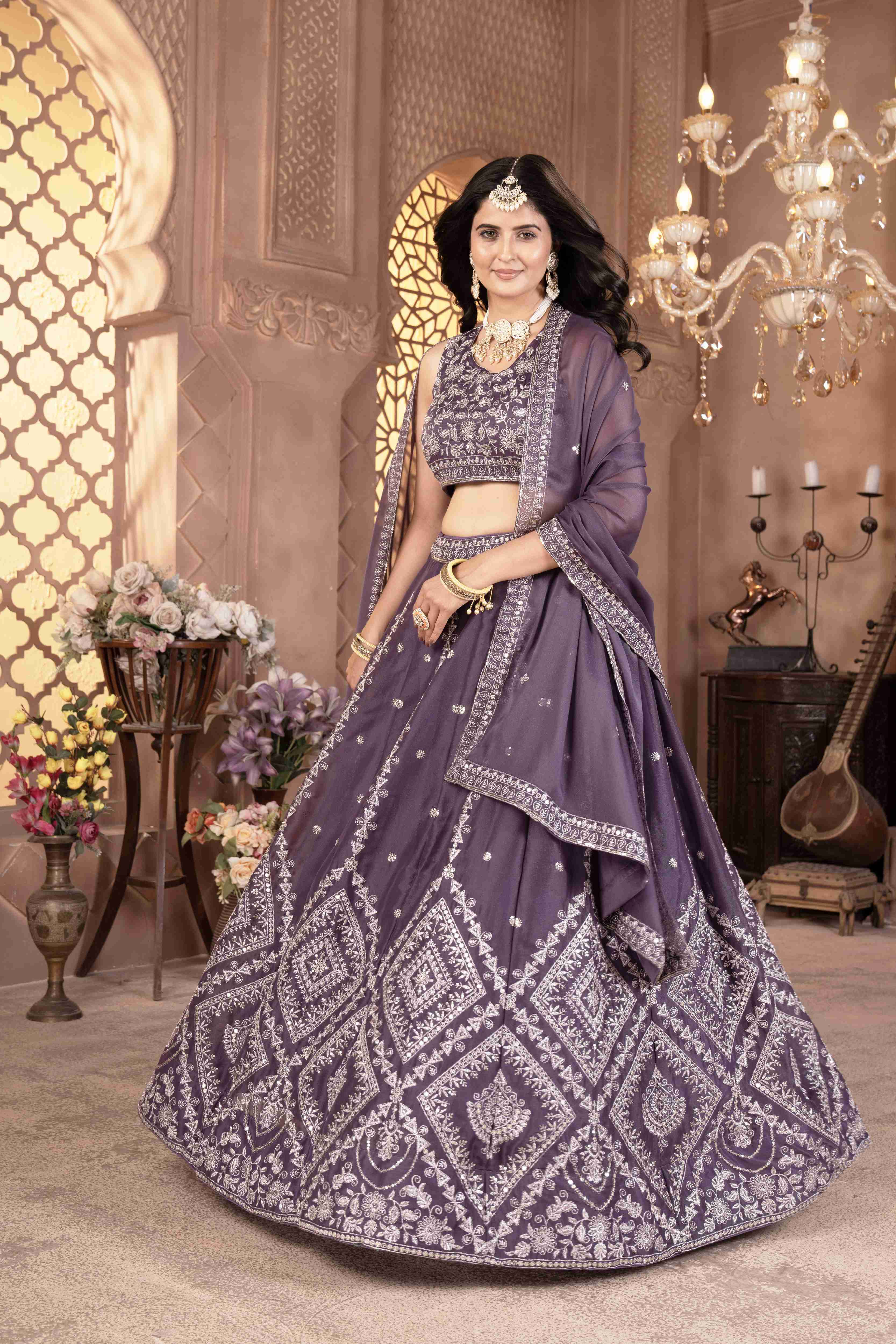 Elegant onion Embroidered Georgette Lehenga Choli with Dupatta