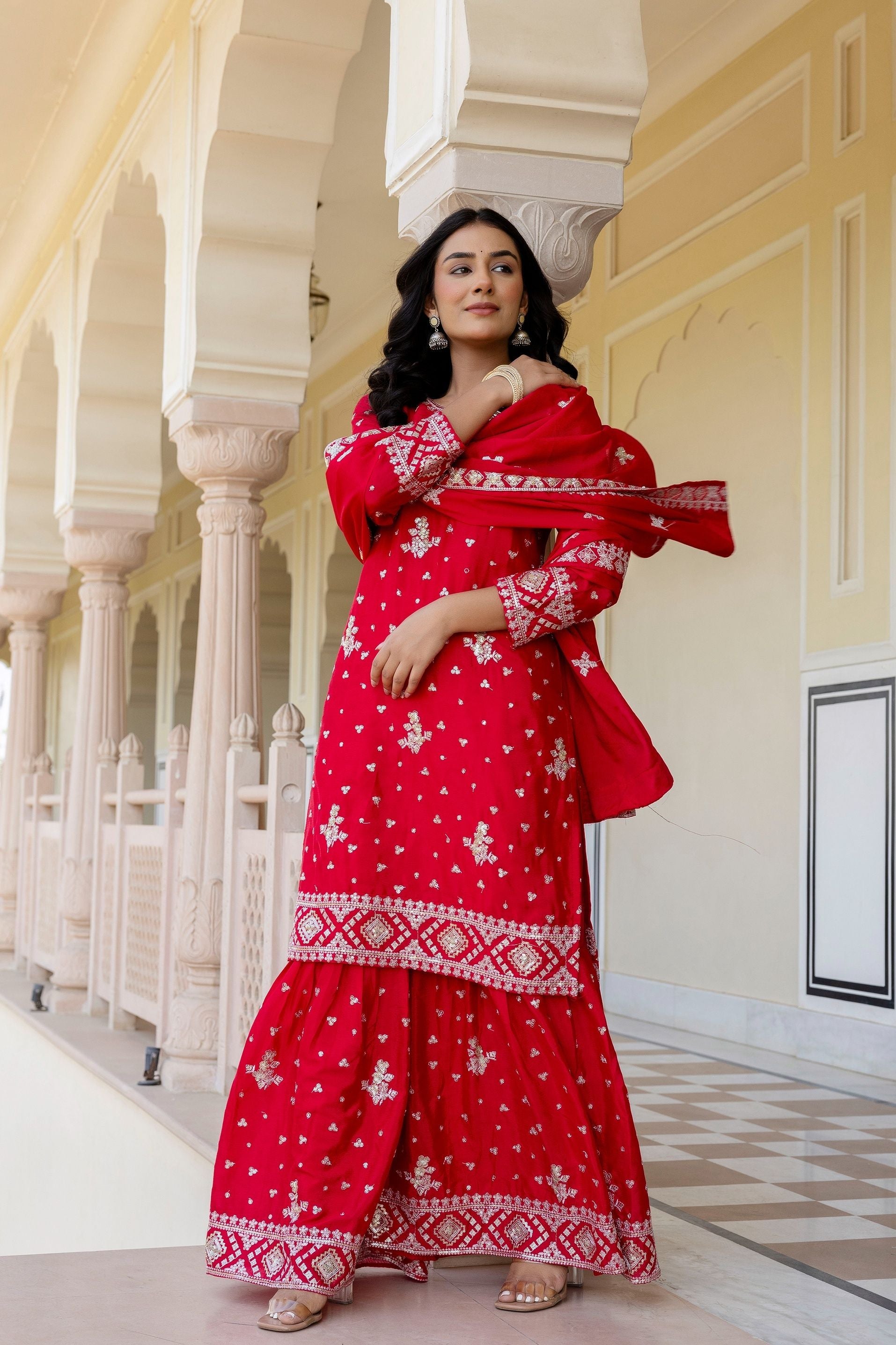 Vibrant Red Chinon Embroidery Sequence Wedding Wear Sharara Suit With Dupatta