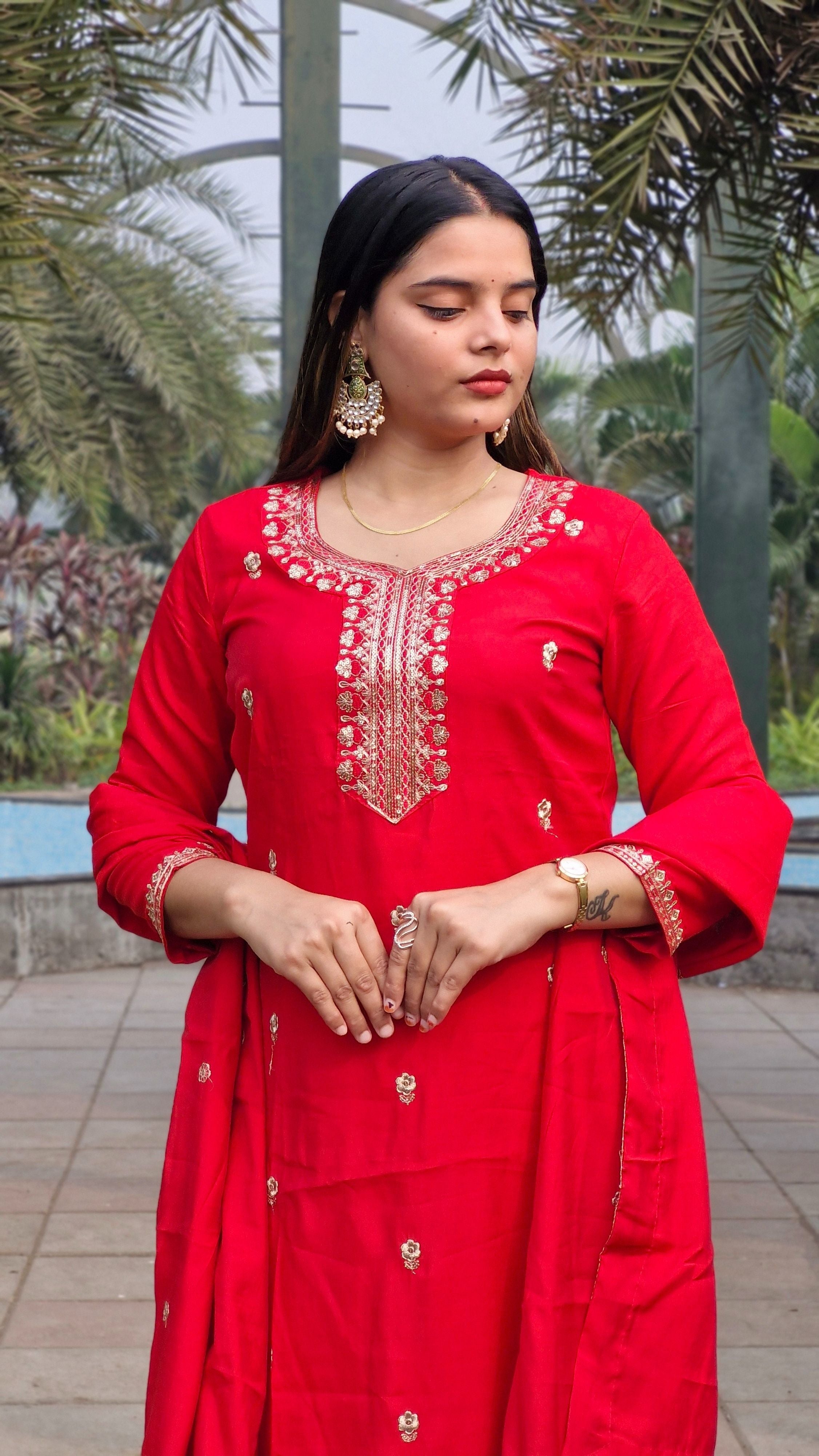 Vibrant Red Roman Silk Embroidery Sequence Party Wear Salwar Suit With Dupatta