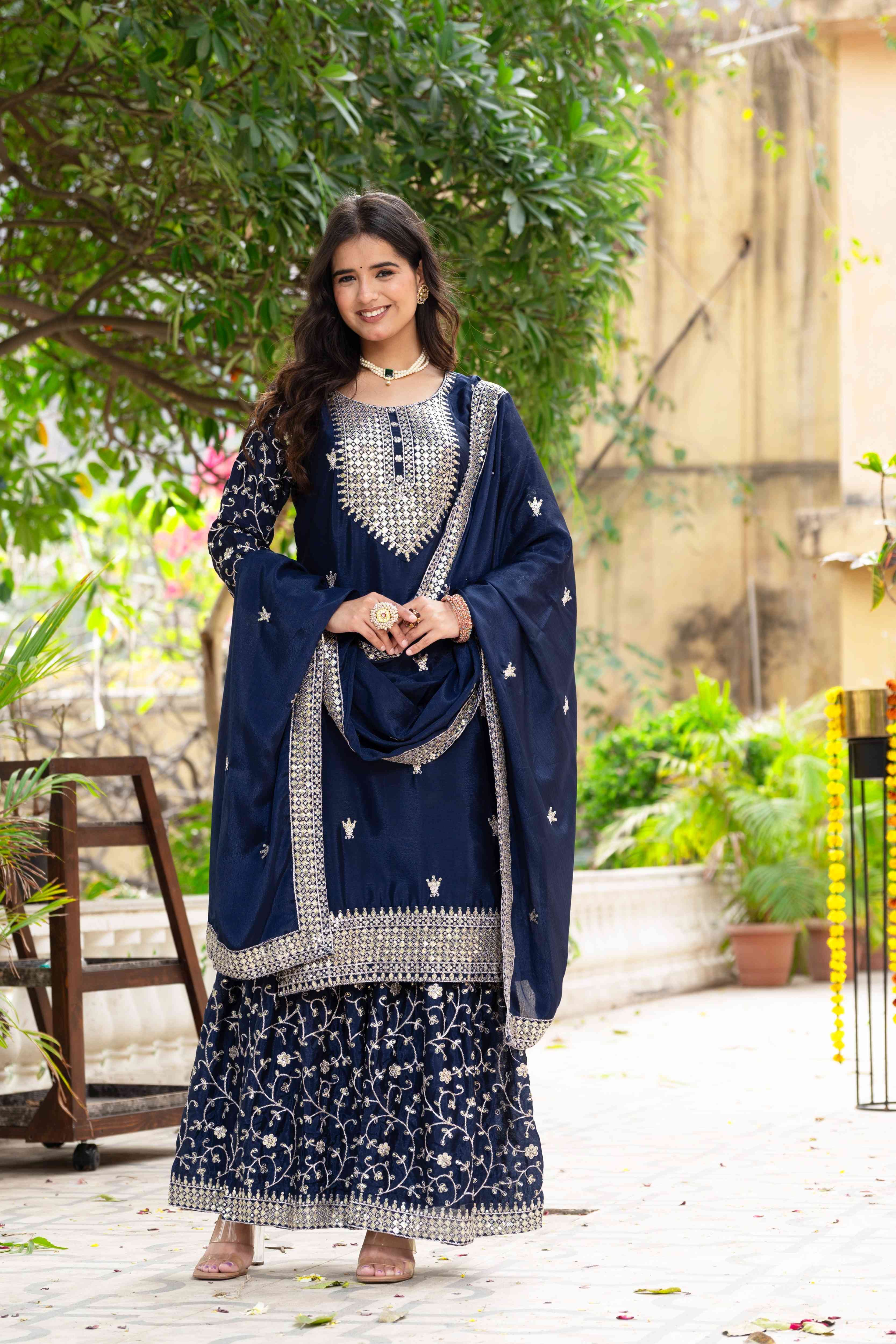 Enchanting Navy Blue Chinon Sequence Embroidery Wedding Wear Sharara Suit With Dupatta