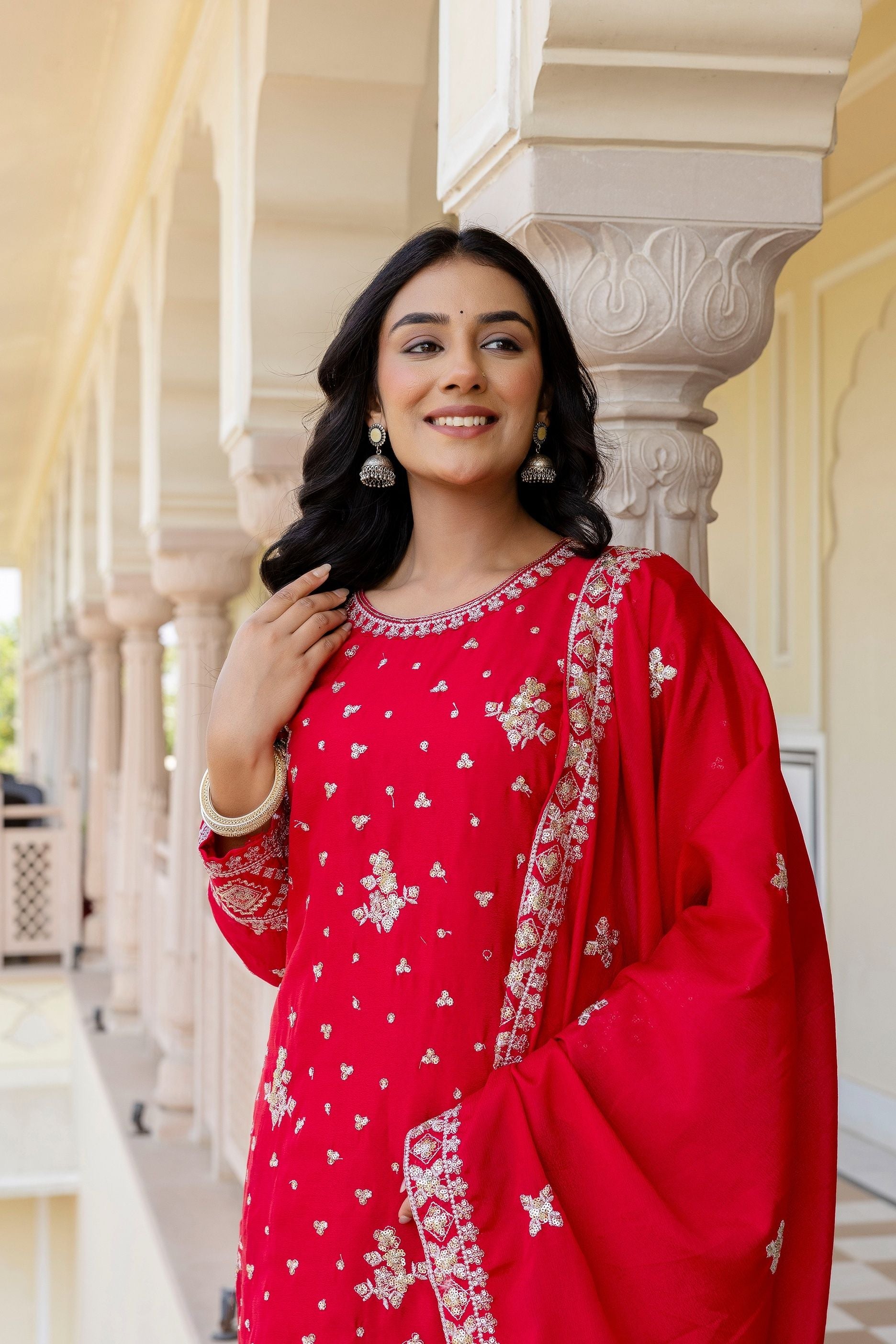 Vibrant Red Chinon Embroidery Sequence Wedding Wear Sharara Suit With Dupatta