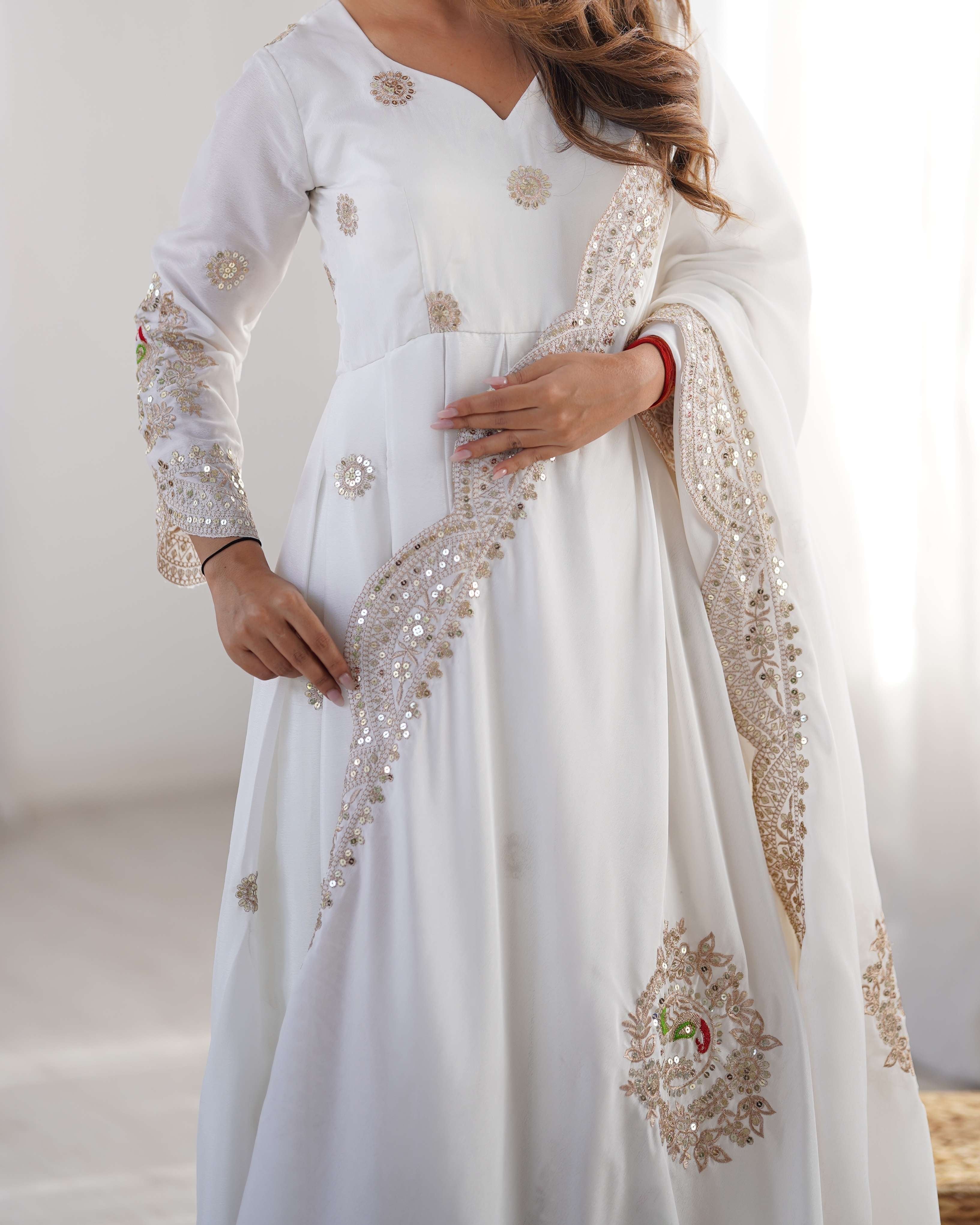 Spectacular White Sequence Designer Chinon Anarkali Suit With Dupatta