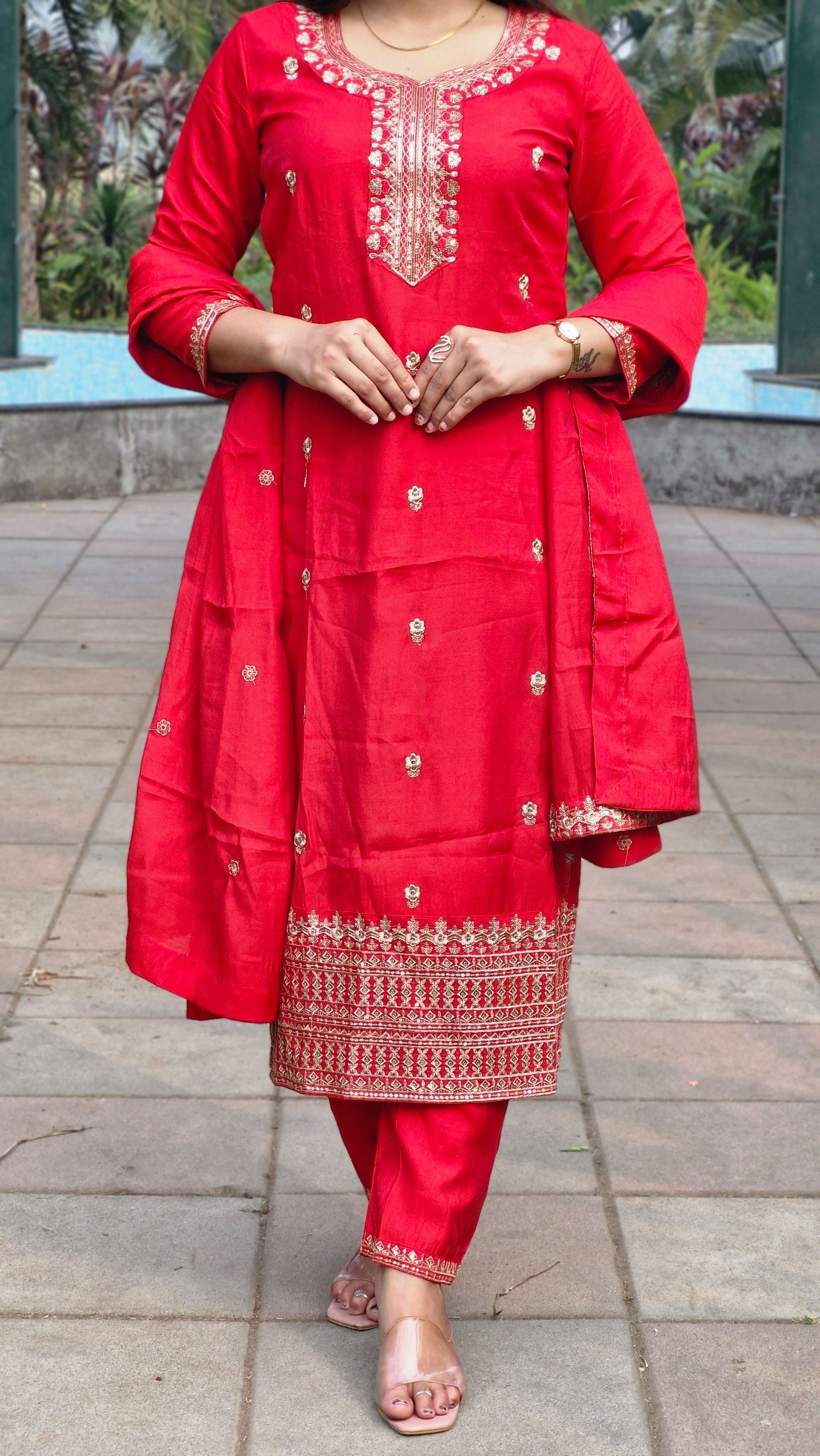 Vibrant Red Roman Silk Embroidery Sequence Party Wear Salwar Suit With Dupatta