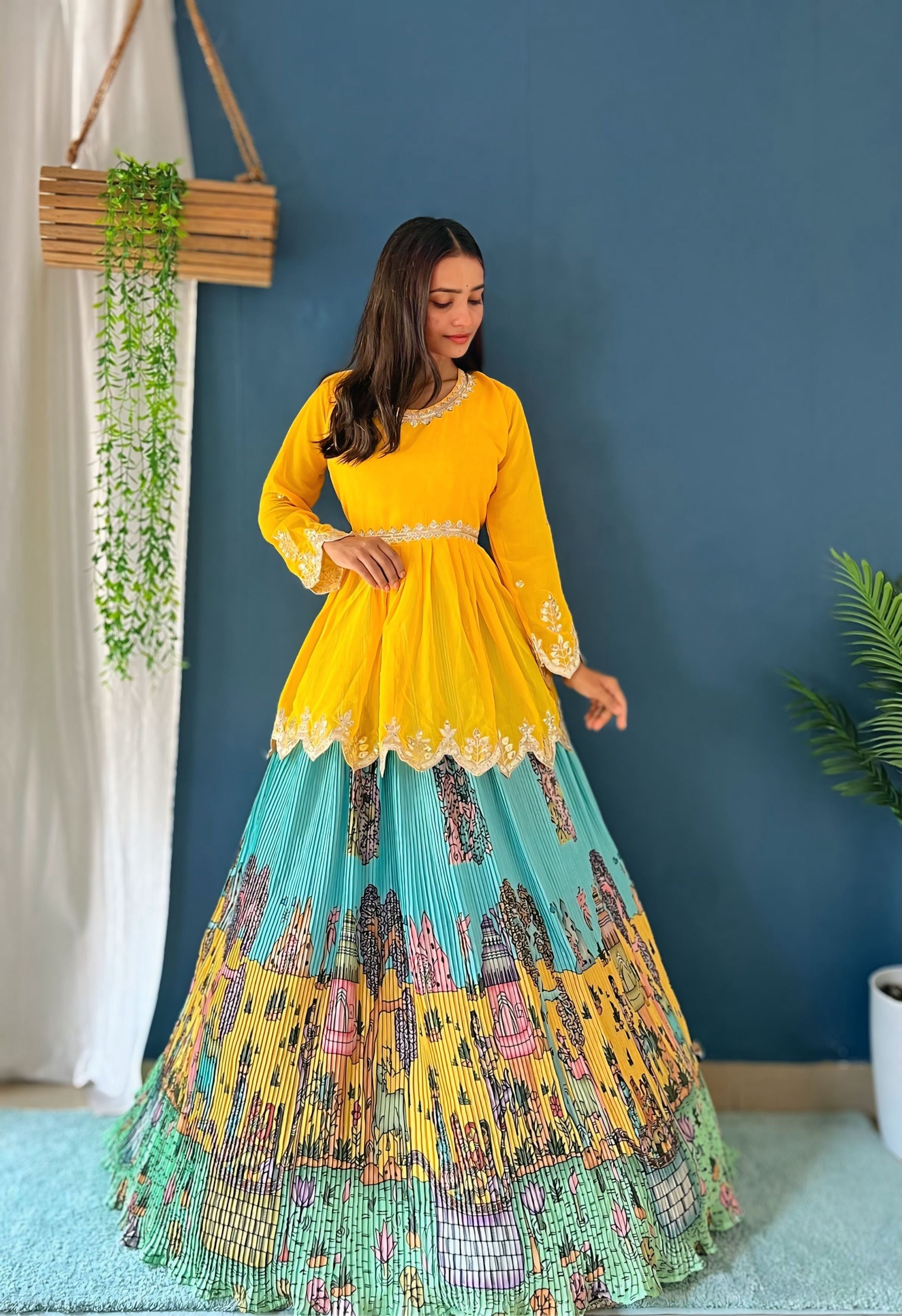 Attractive Aqua Multicolor  Digital Printed Crease Pattern Lehenga Set