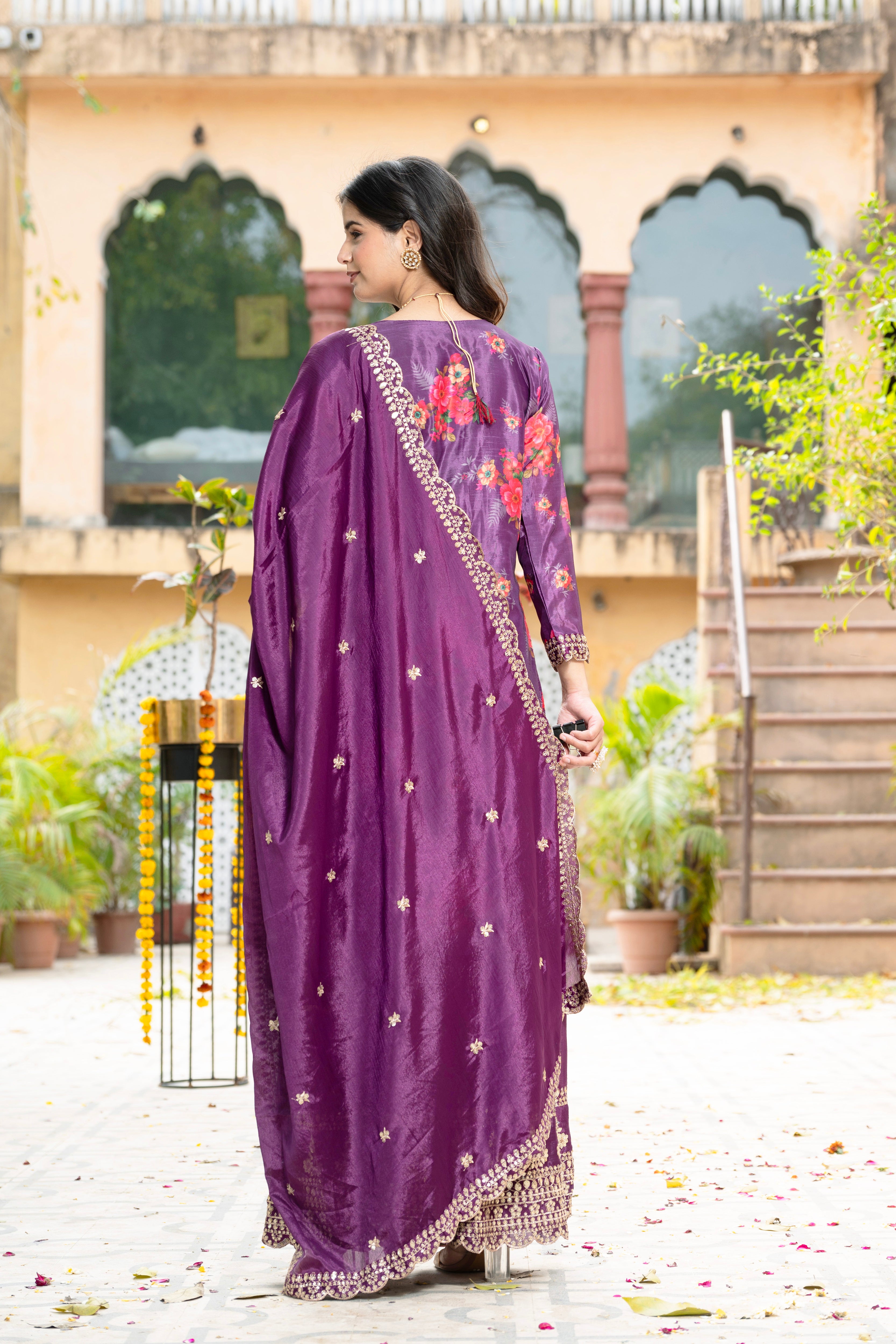 Gorgeous Wine Silk Digital Printed Embroidery Designer sharara Suit With Dupatta