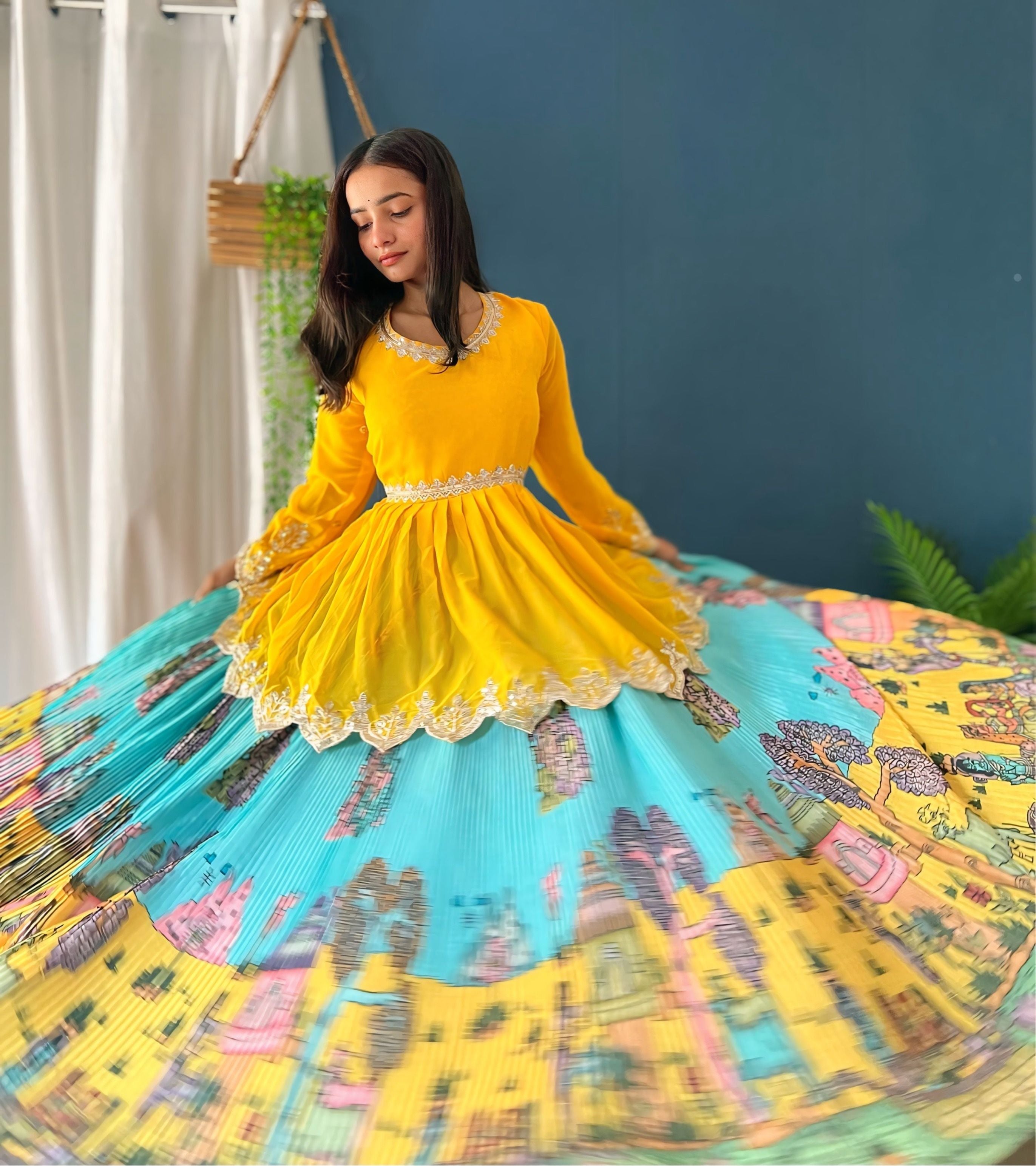 Attractive Aqua Multicolor  Digital Printed Crease Pattern Lehenga Set
