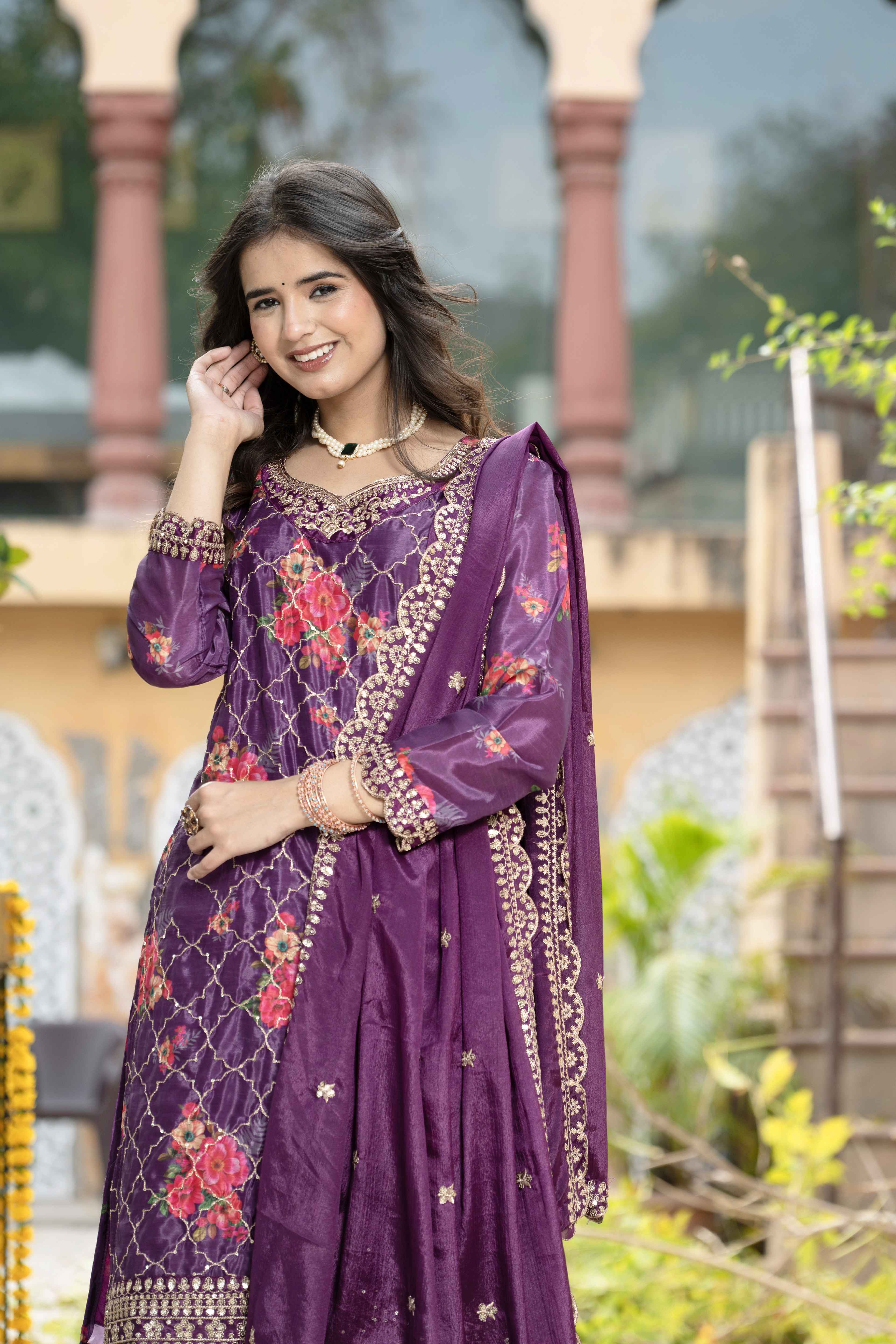 Gorgeous Wine Silk Digital Printed Embroidery Designer sharara Suit With Dupatta