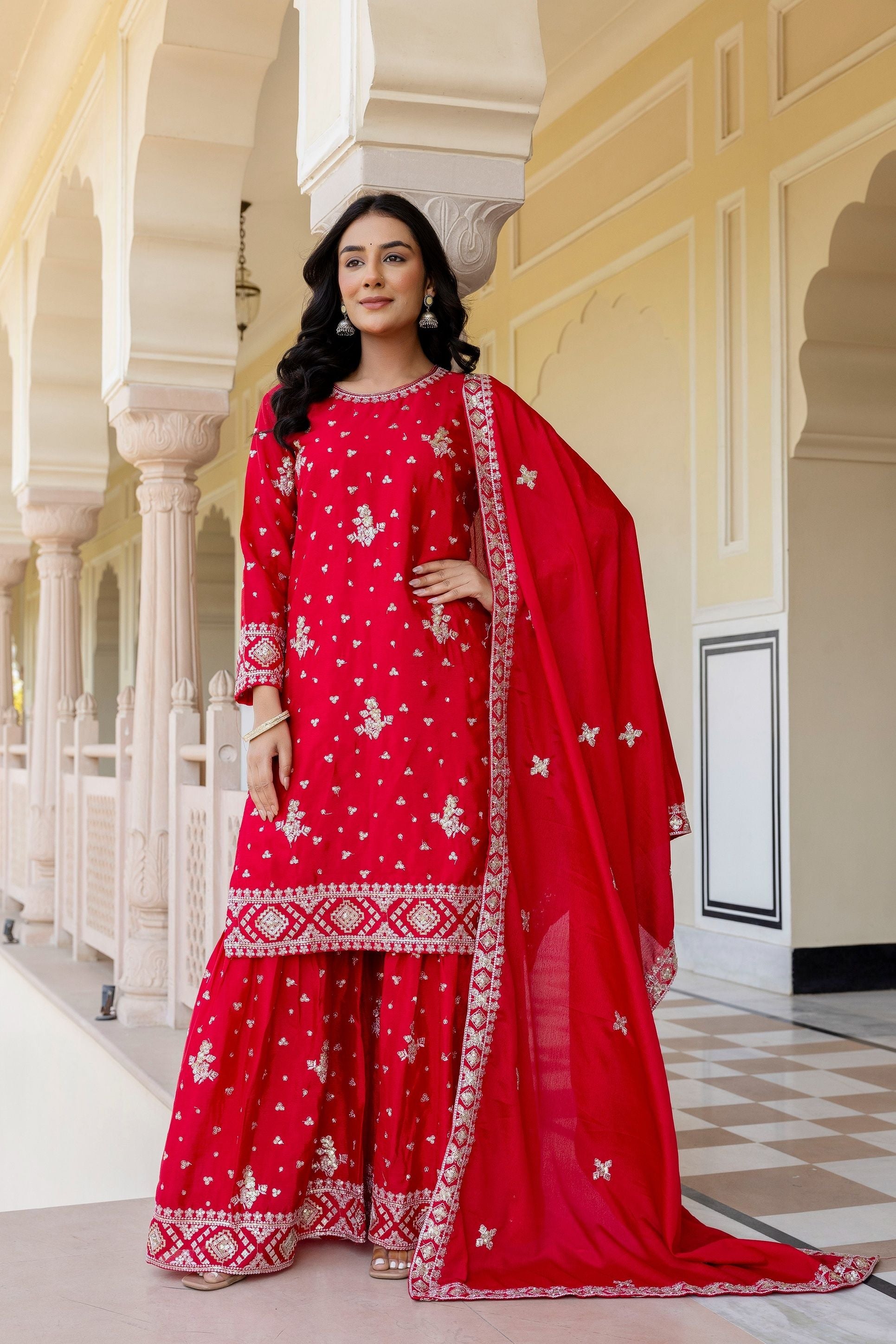 Vibrant Red Chinon Embroidery Sequence Wedding Wear Sharara Suit With Dupatta