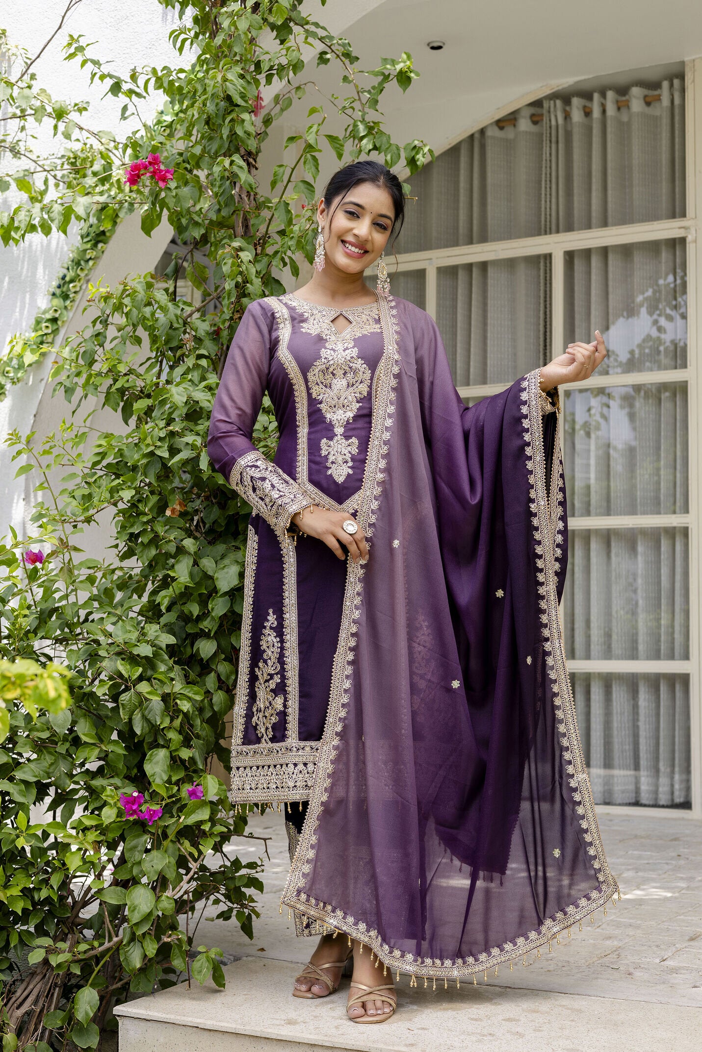 Awesome Plum Purple pedding Embroidery Sequence Work Festival Wear Pant Suit
