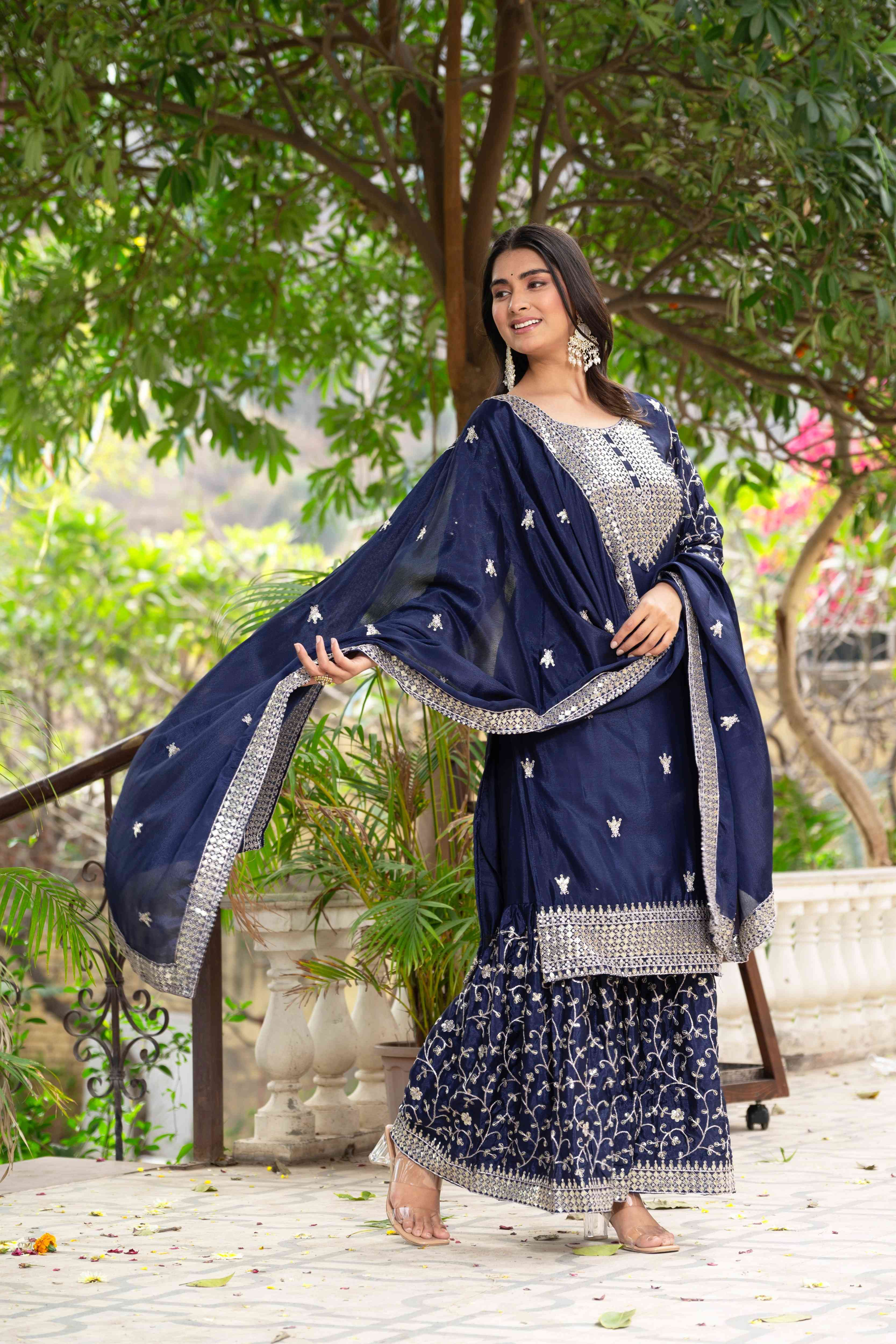 Enchanting Navy Blue Chinon Sequence Embroidery Wedding Wear Sharara Suit With Dupatta