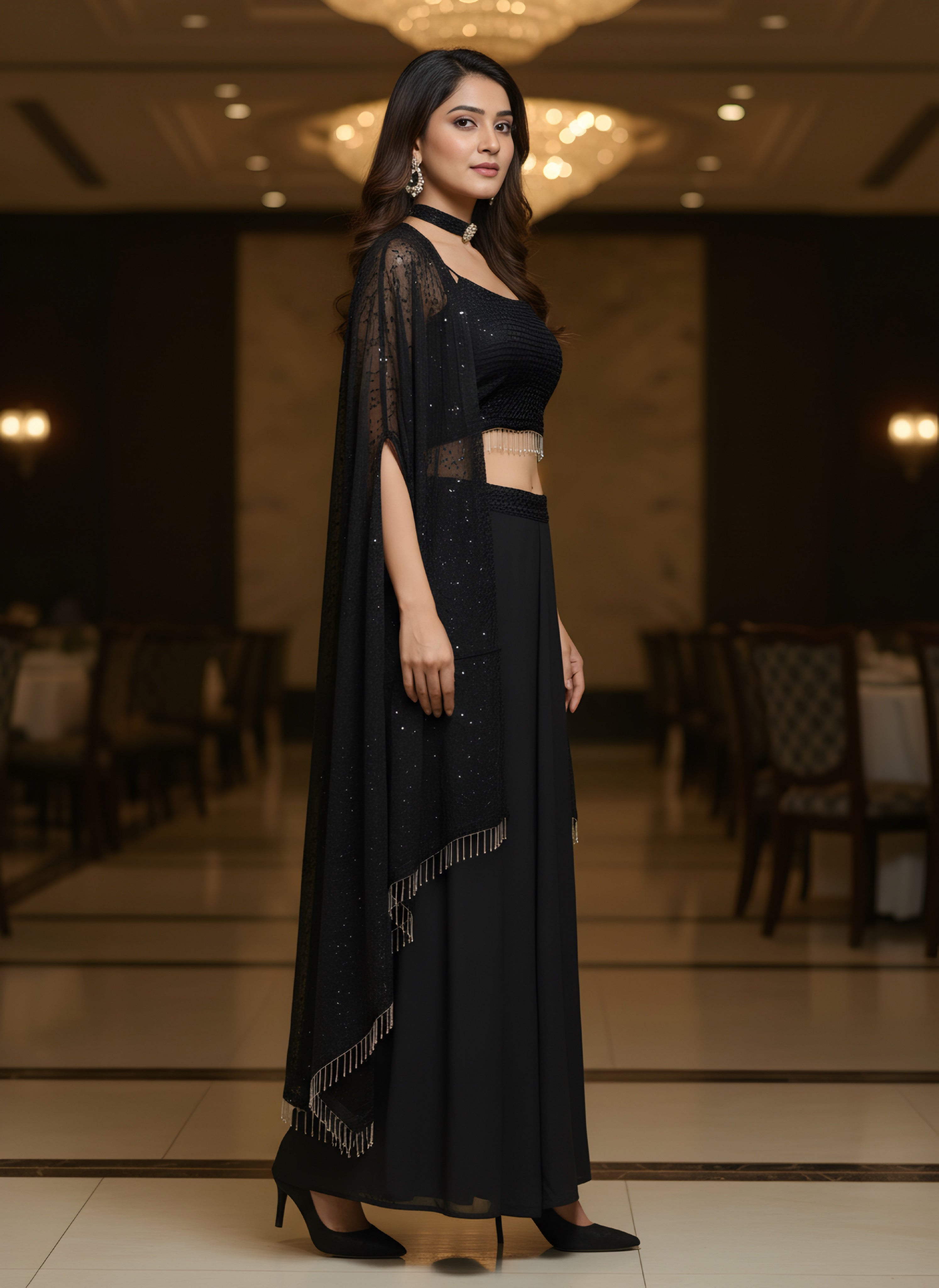 Eyescatch Black Rangoli Silk With Embroidery Seuence Designer Festive Wear Cape Plazzo Set