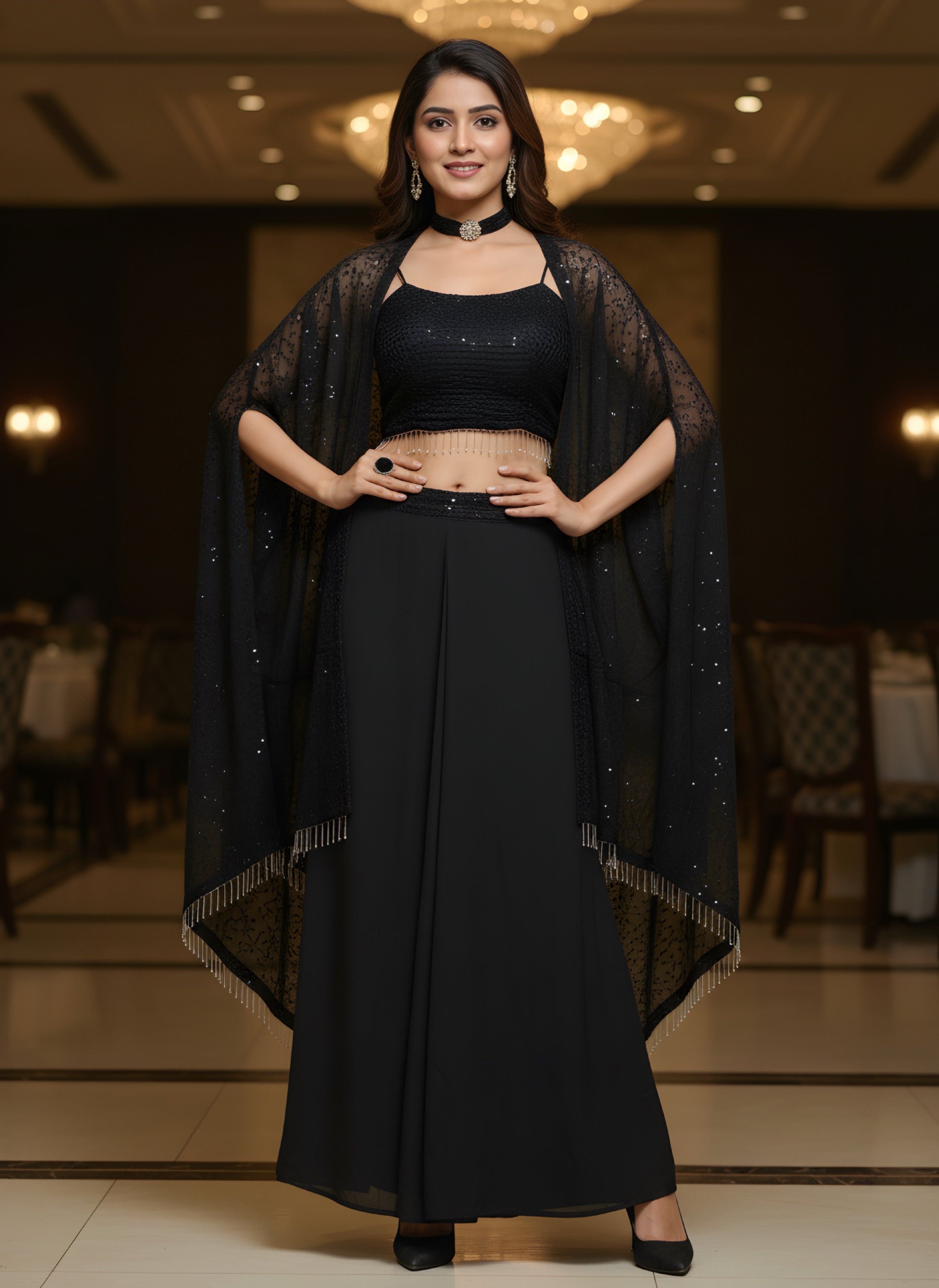 Eyescatch Black Rangoli Silk With Embroidery Seuence Designer Festive Wear Cape Plazzo Set