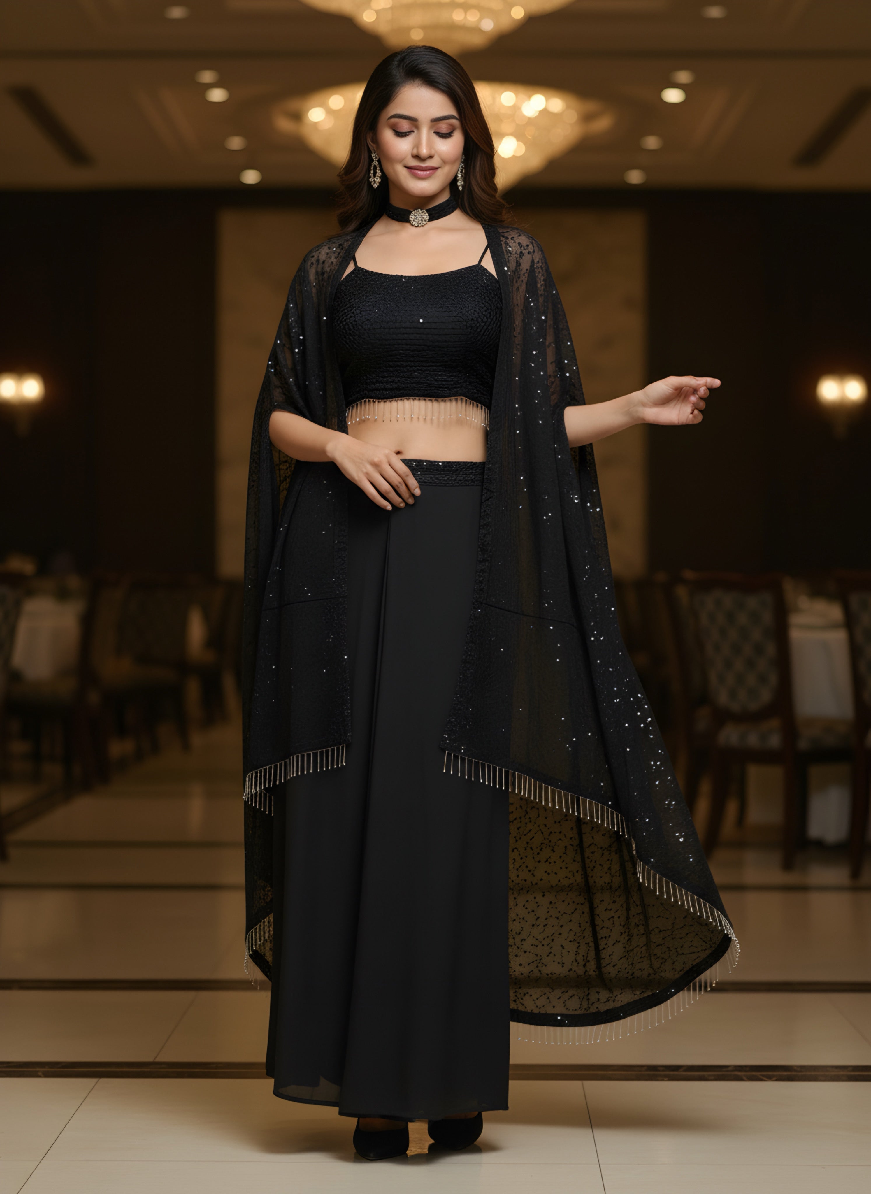 Eyescatch Black Rangoli Silk With Embroidery Seuence Designer Festive Wear Cape Plazzo Set