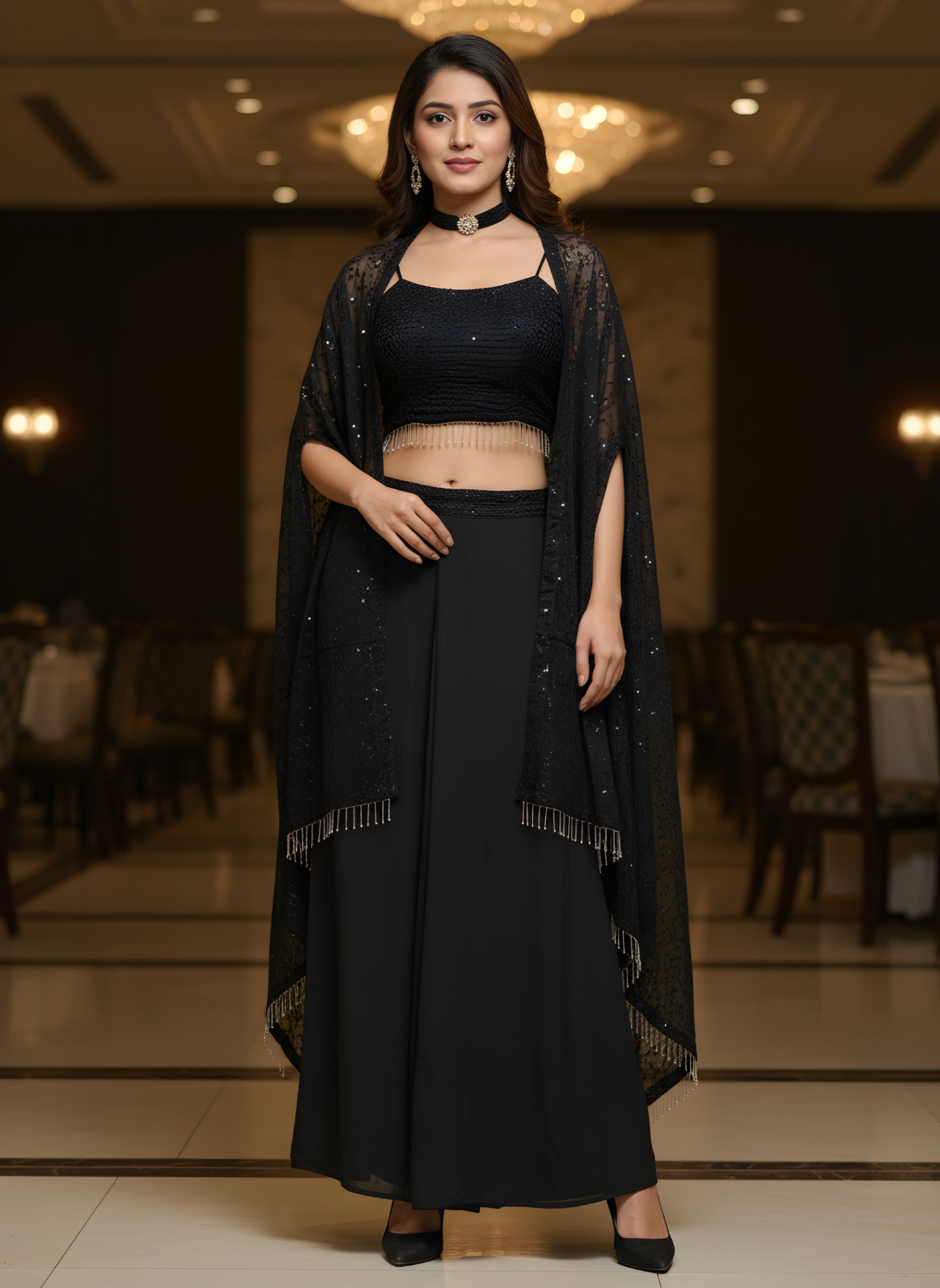 Eyescatch Black Rangoli Silk With Embroidery Seuence Designer Festive Wear Cape Plazzo Set