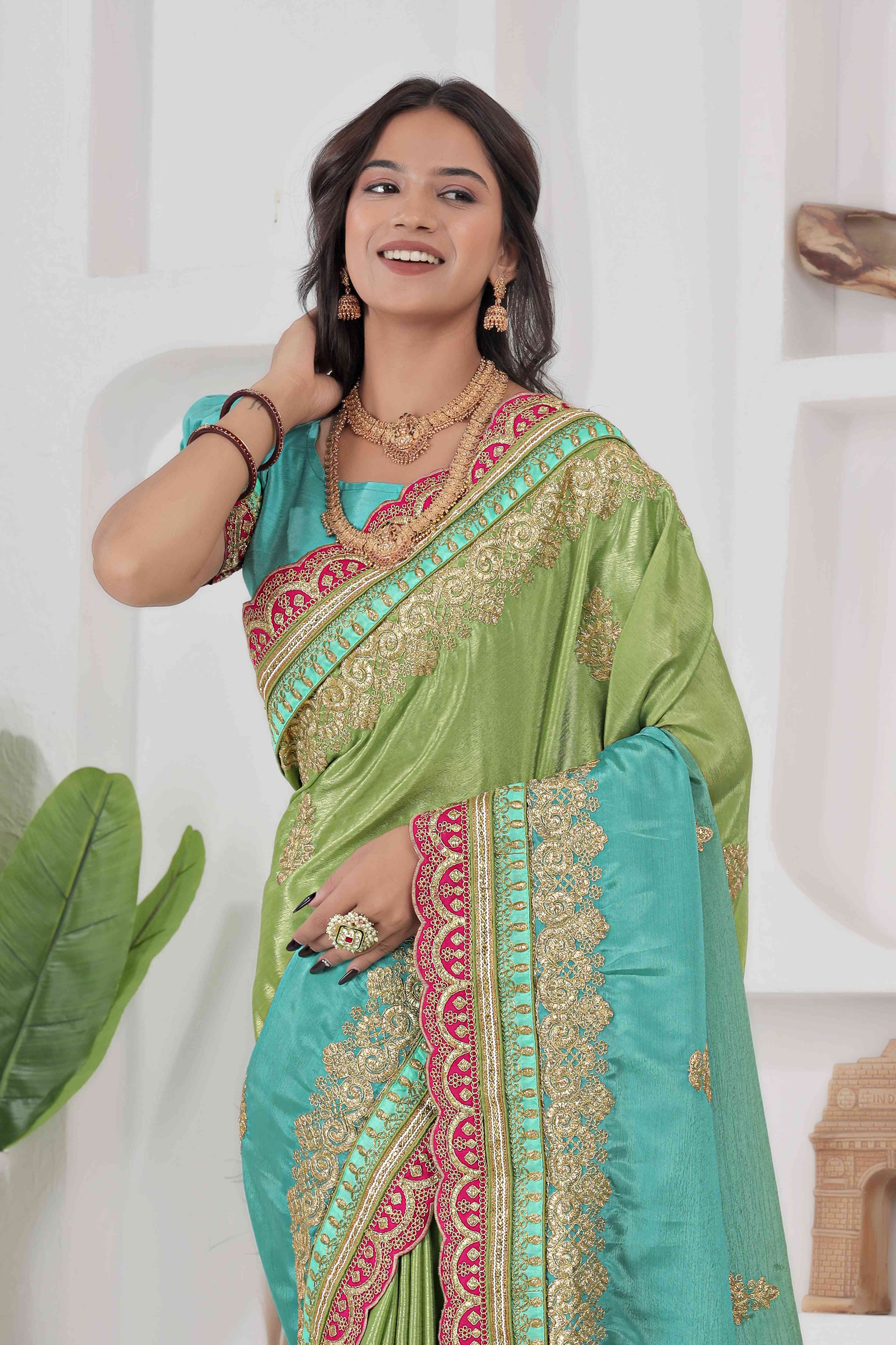 Awesome Green And Teal Chinon Silk Embroidery Codding With Lace Border Wedding Wear Saree