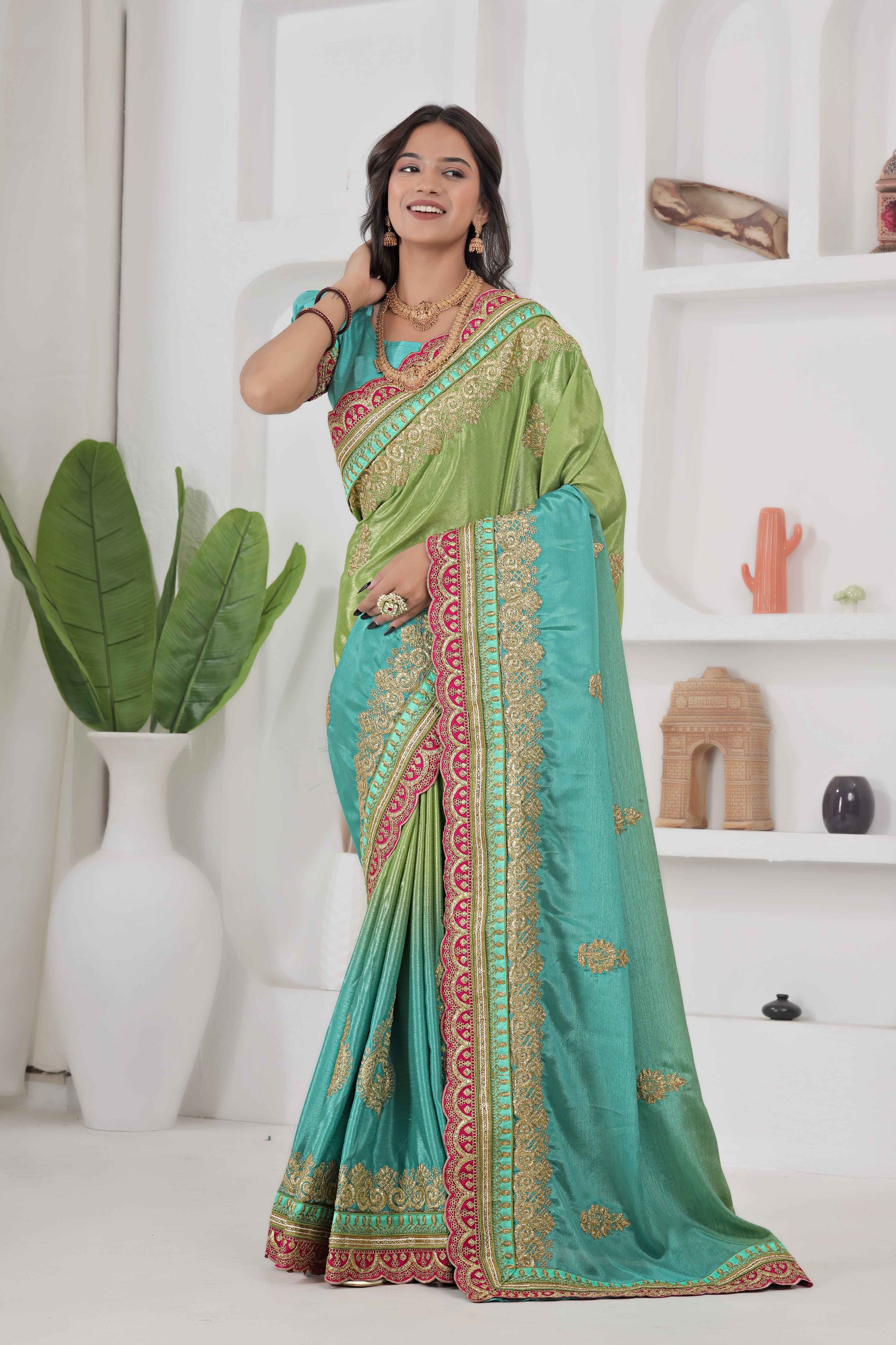 Awesome Green And Teal Chinon Silk Embroidery Codding With Lace Border Wedding Wear Saree