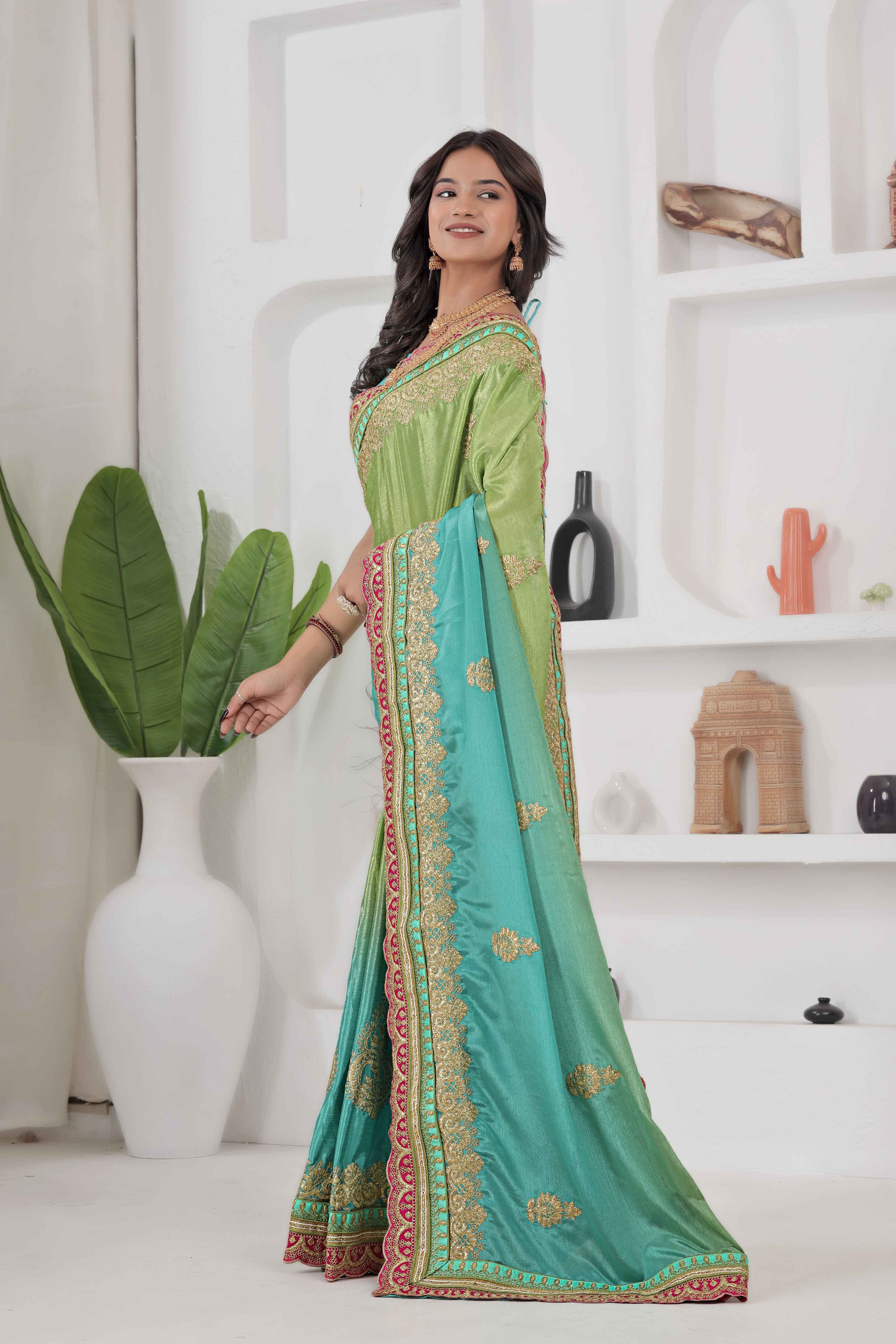 Awesome Green And Teal Chinon Silk Embroidery Codding With Lace Border Wedding Wear Saree