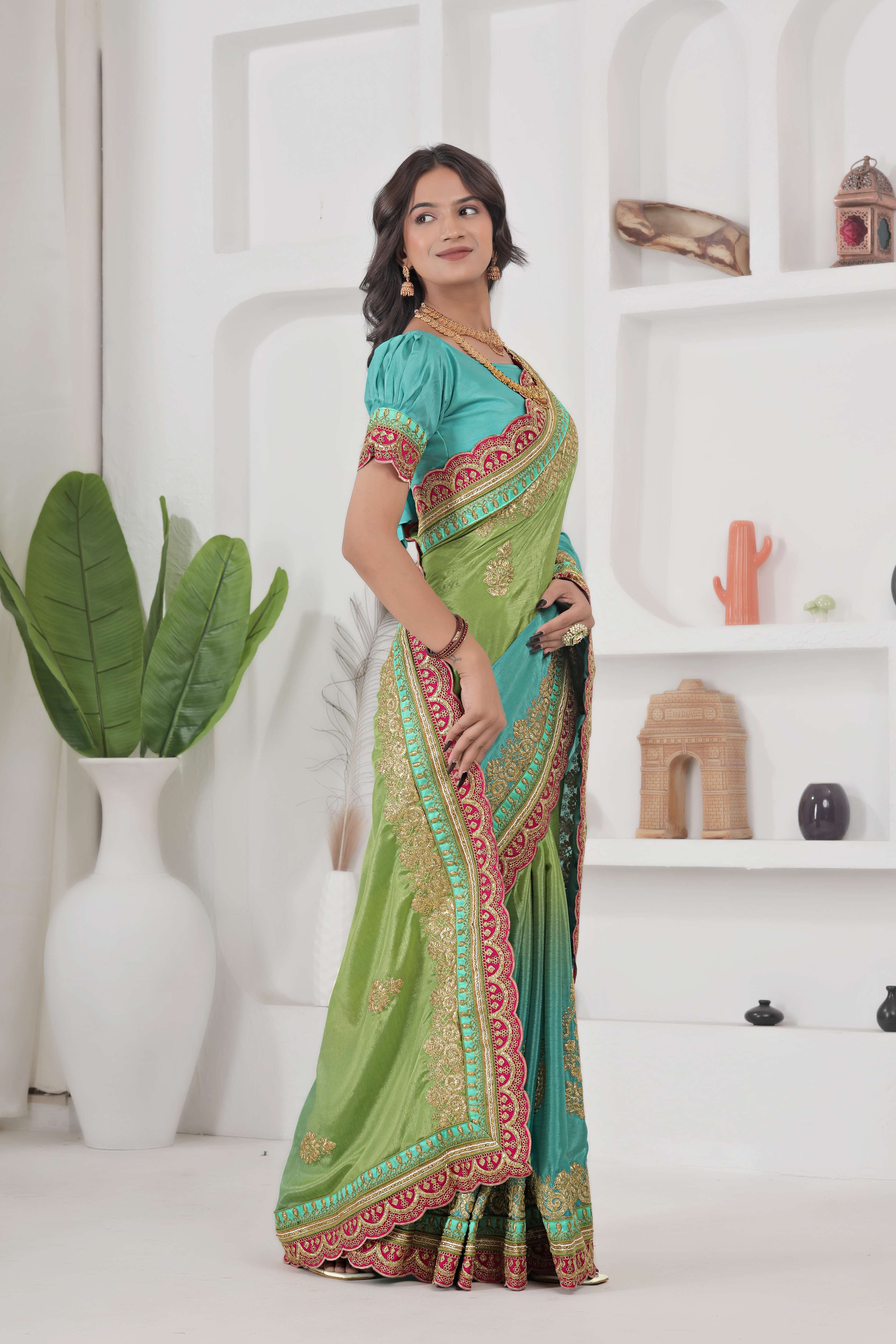 Awesome Green And Teal Chinon Silk Embroidery Codding With Lace Border Wedding Wear Saree