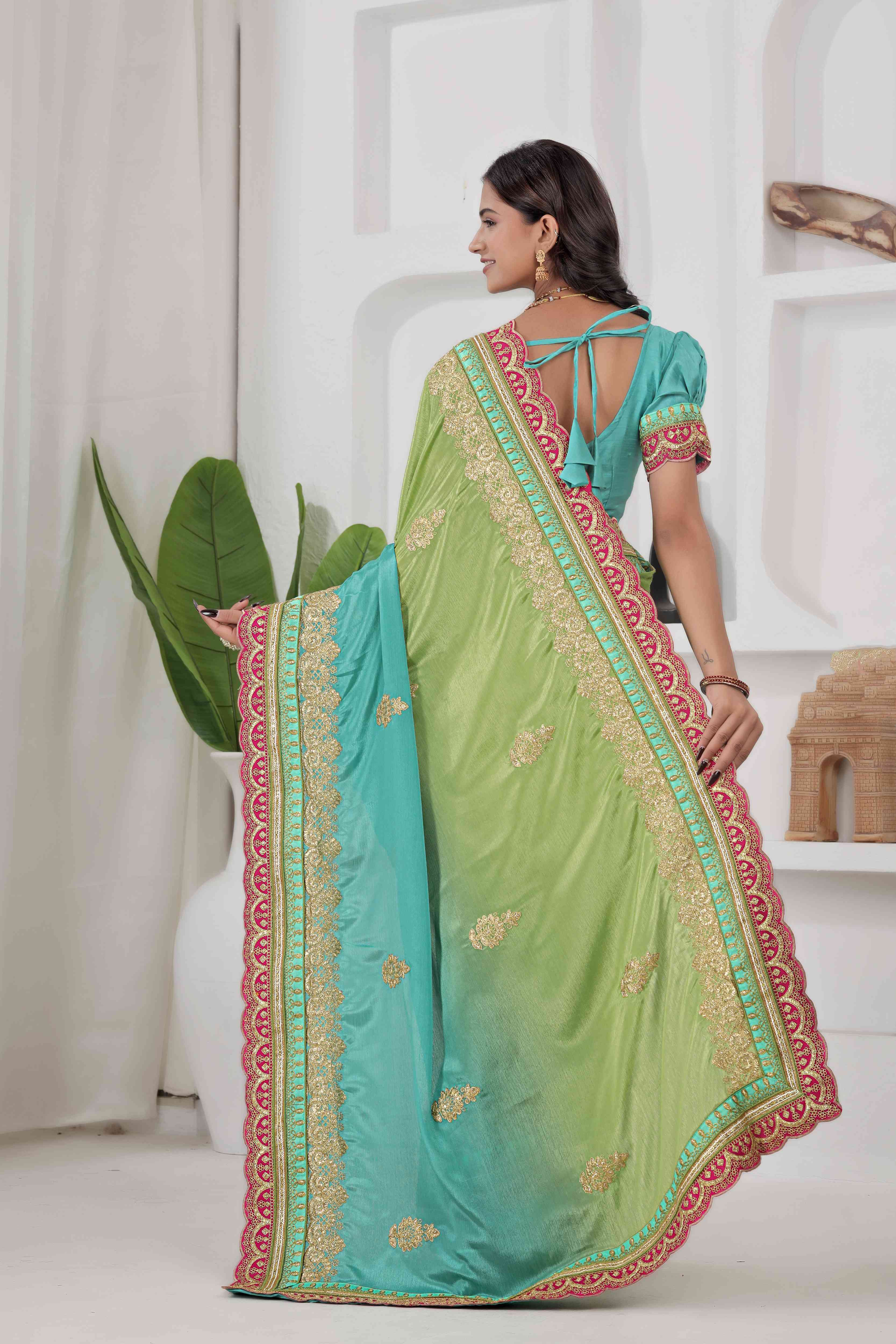 Awesome Green And Teal Chinon Silk Embroidery Codding With Lace Border Wedding Wear Saree