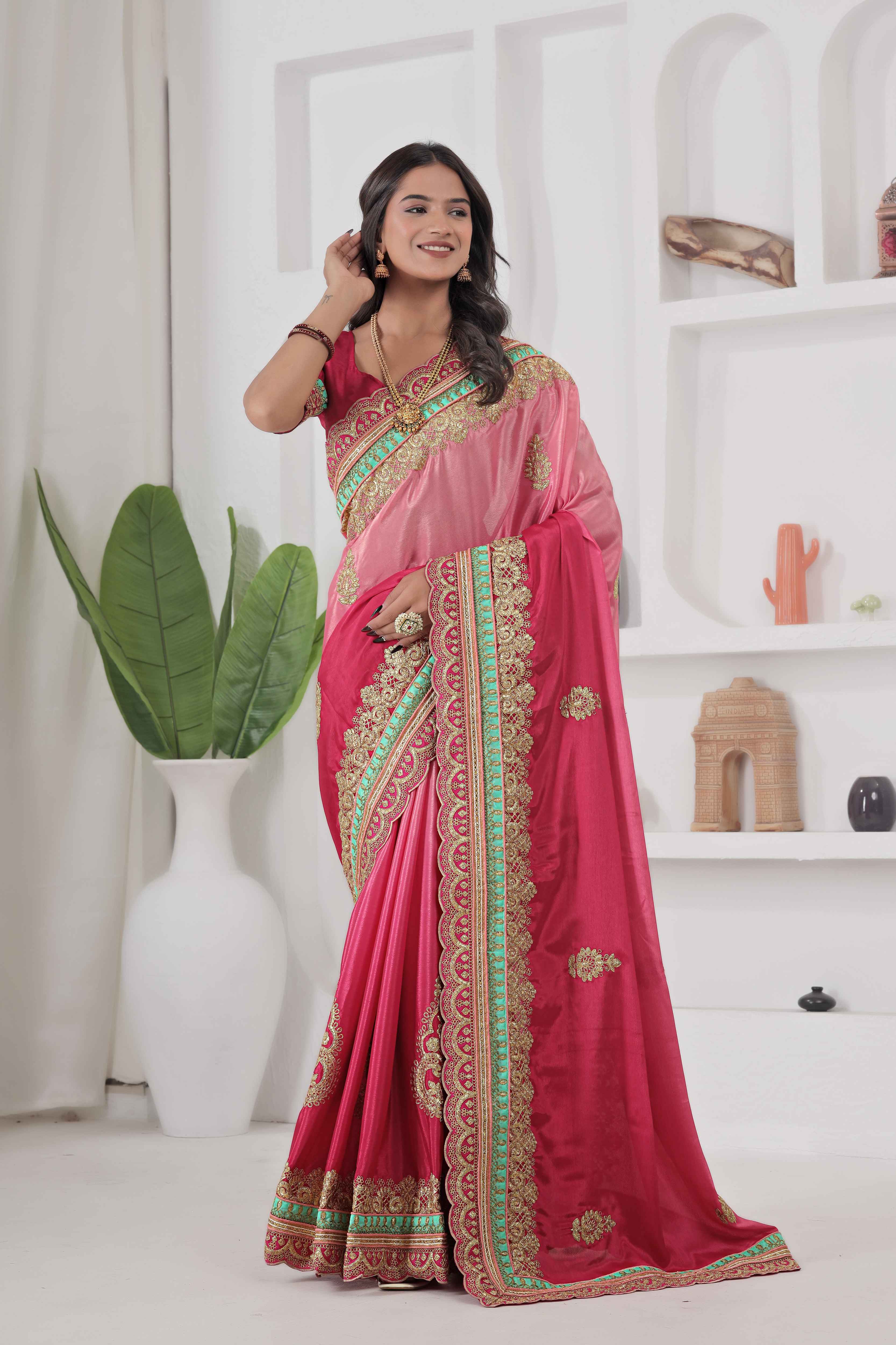 Crazy Radiant Pink Chinon Silk Embroidery Codding With Lace Border Wedding Wear Saree