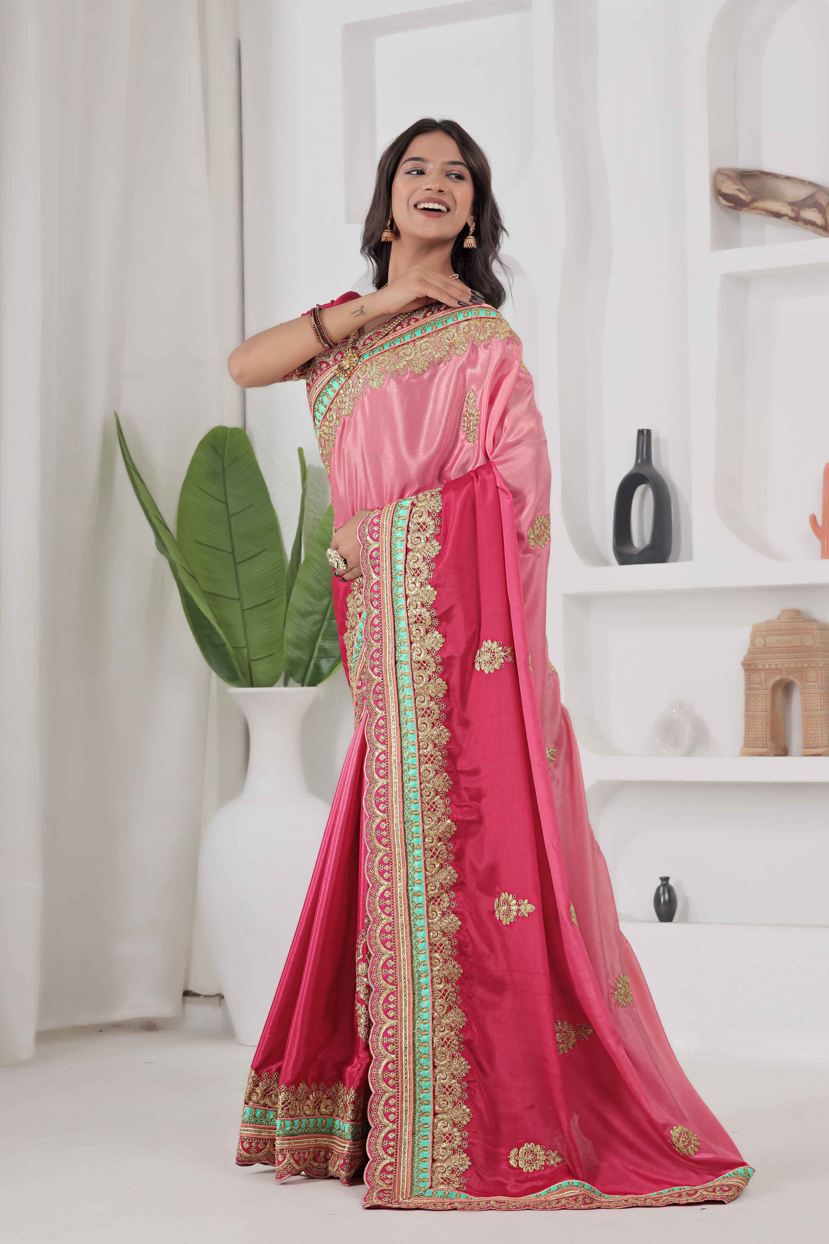 Crazy Radiant Pink Chinon Silk Embroidery Codding With Lace Border Wedding Wear Saree
