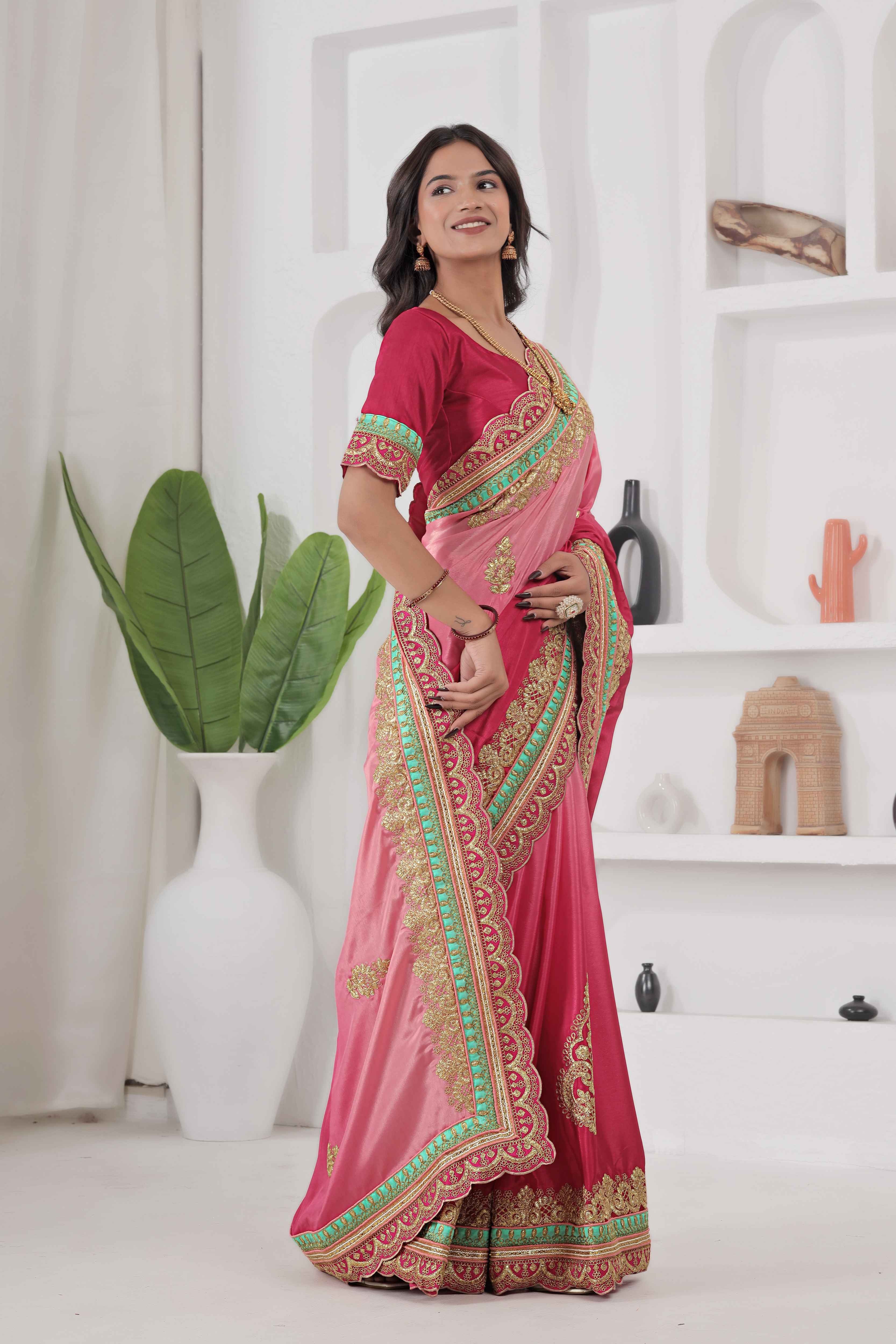 Crazy Radiant Pink Chinon Silk Embroidery Codding With Lace Border Wedding Wear Saree
