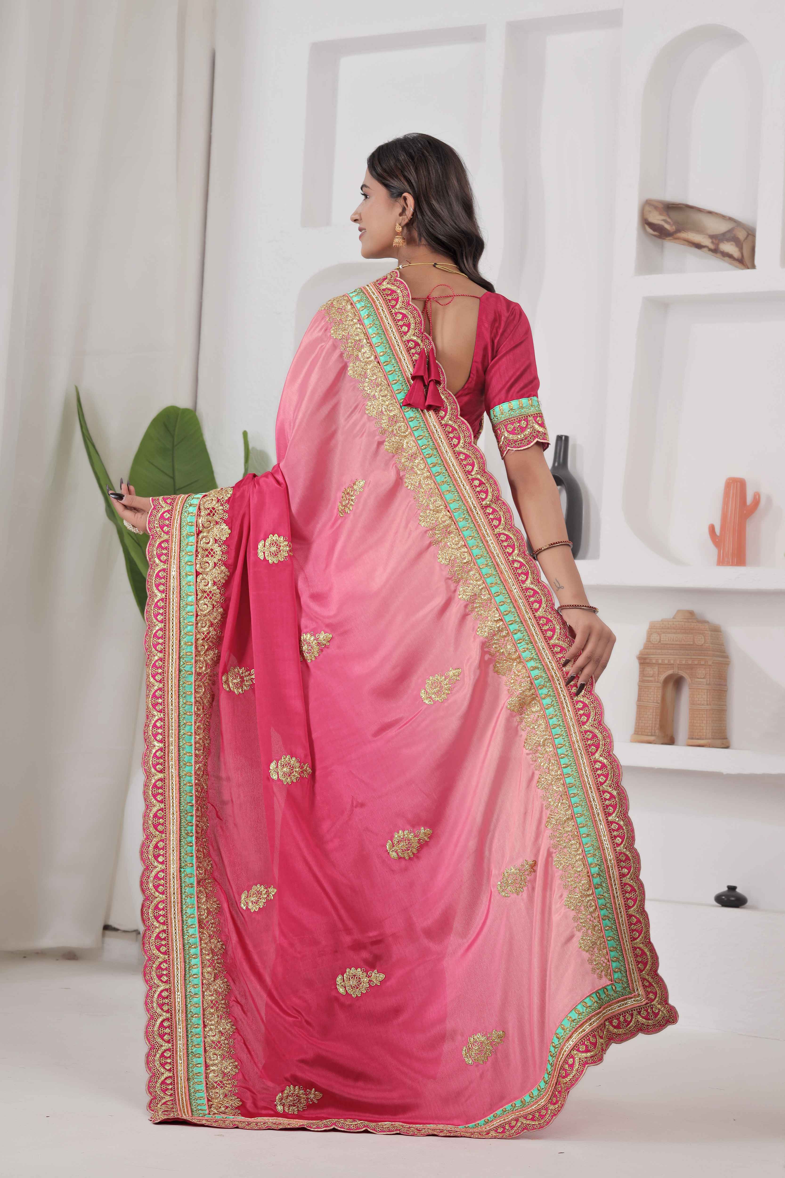 Crazy Radiant Pink Chinon Silk Embroidery Codding With Lace Border Wedding Wear Saree