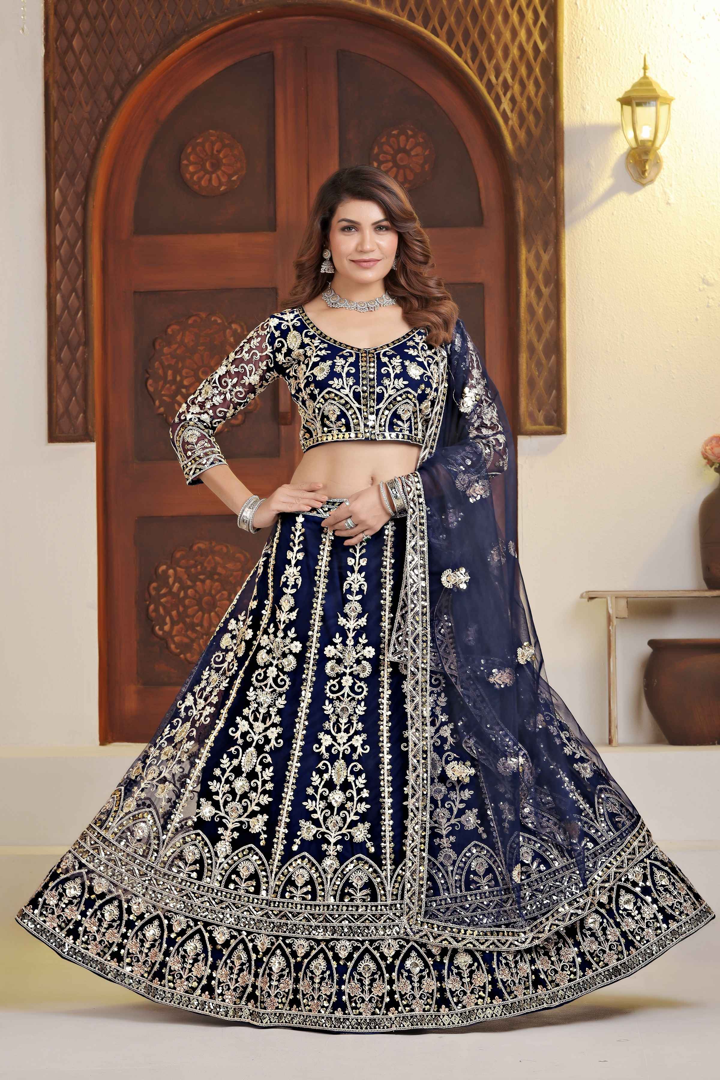 Pulm Navy Blue Net Embroiderd Codding Designer Bridal Wear Lehanga Set