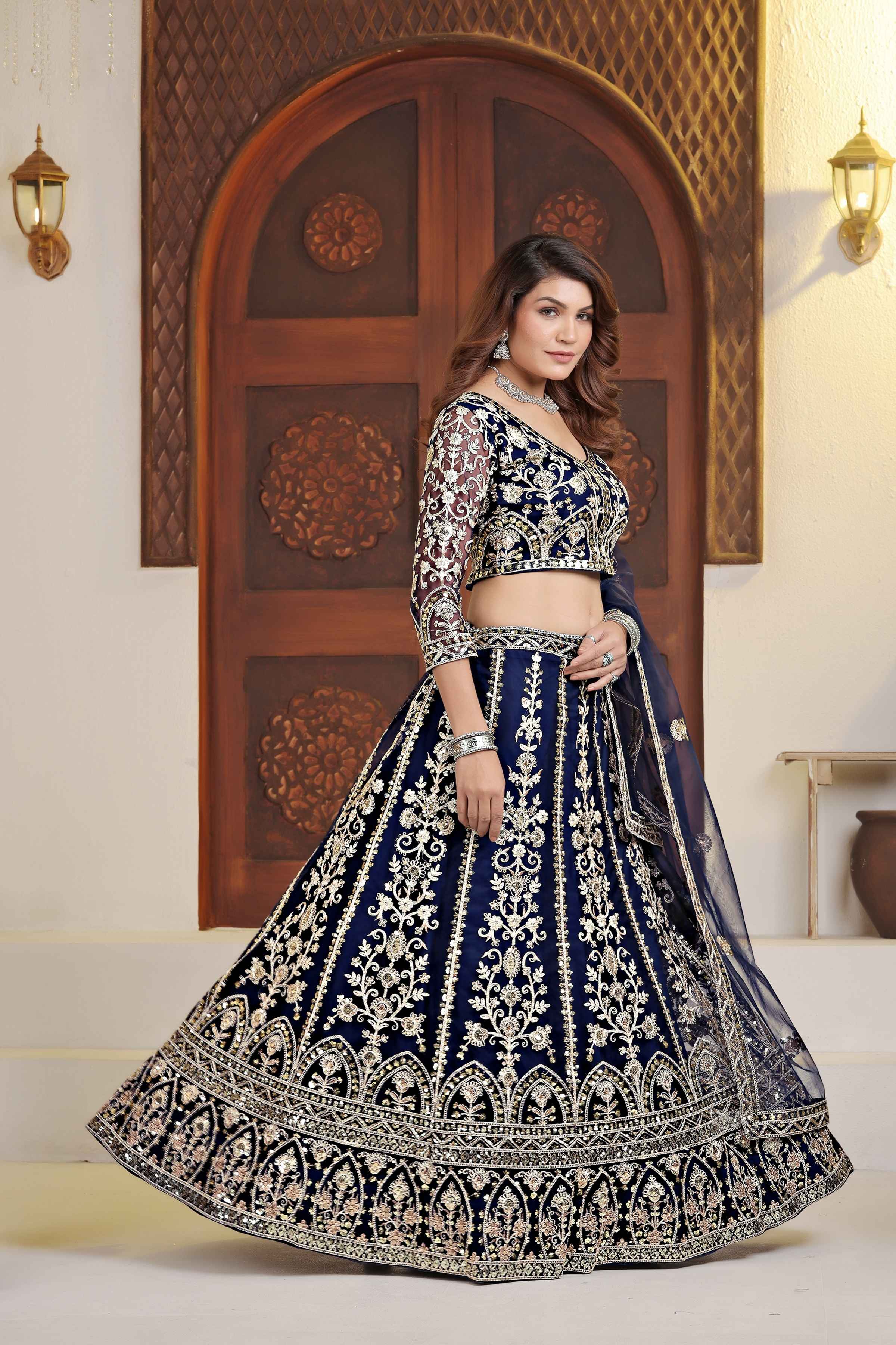 Pulm Navy Blue Net Embroiderd Codding Designer Bridal Wear Lehanga Set