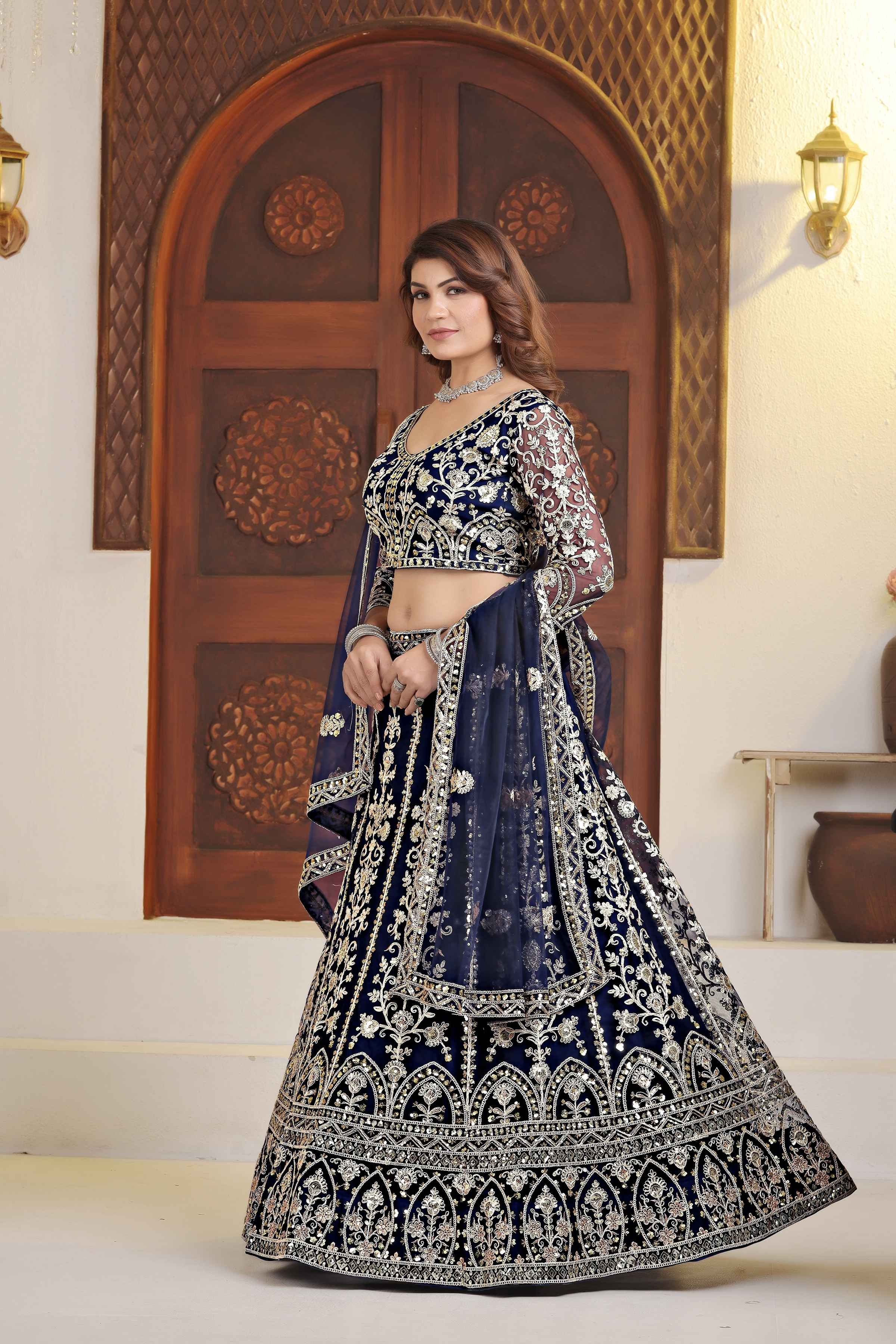 Pulm Navy Blue Net Embroiderd Codding Designer Bridal Wear Lehanga Set