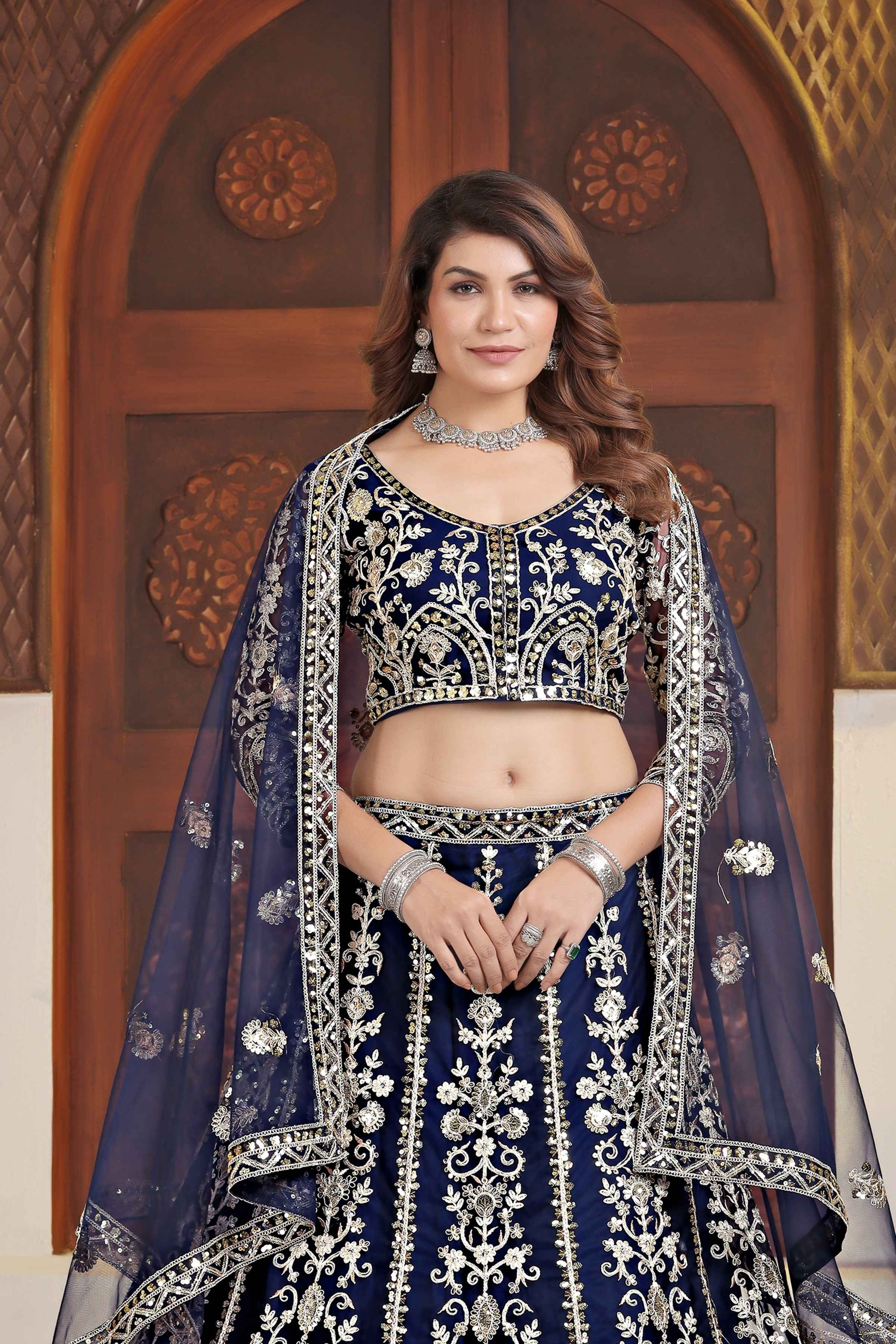 Pulm Navy Blue Net Embroiderd Codding Designer Bridal Wear Lehanga Set