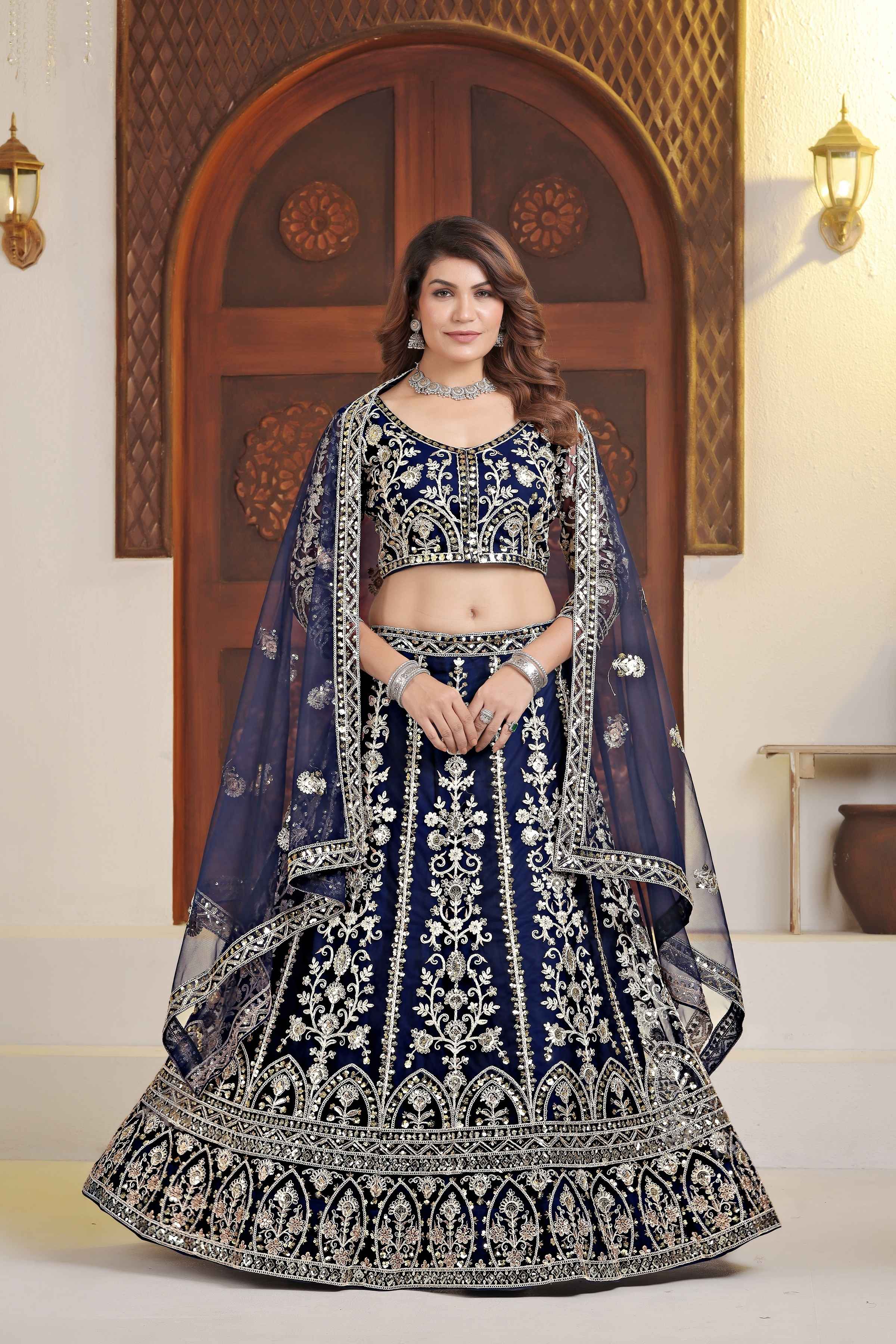 Pulm Navy Blue Net Embroiderd Codding Designer Bridal Wear Lehanga Set