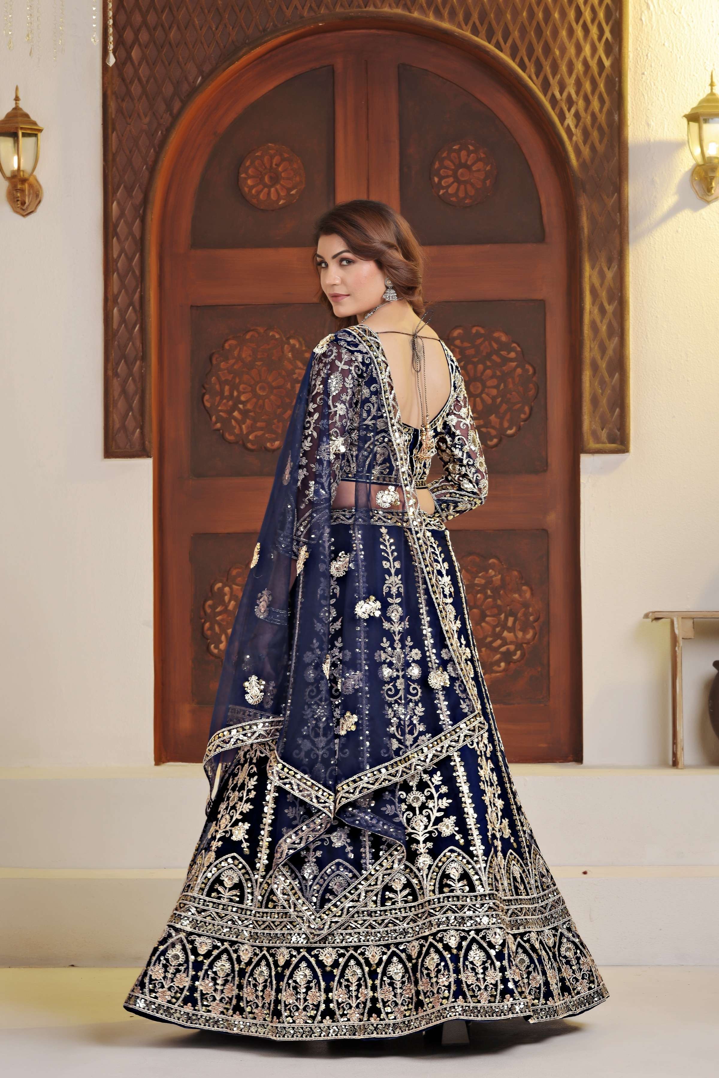 Pulm Navy Blue Net Embroiderd Codding Designer Bridal Wear Lehanga Set
