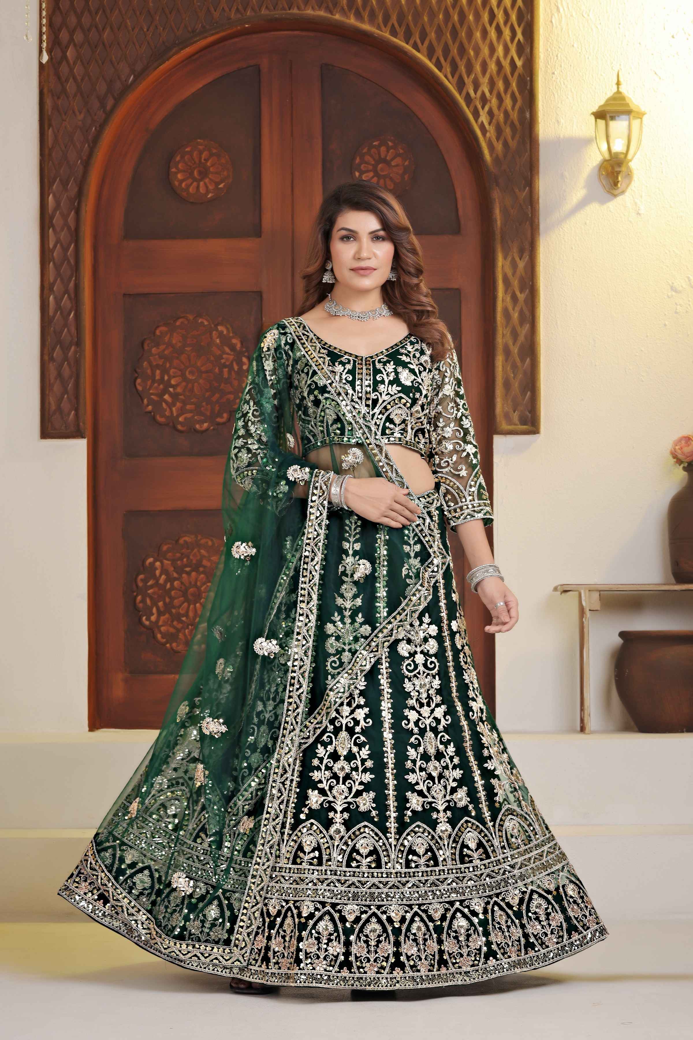 Elegent Dark Green Net Embroiderd Codding Designer Bridal Wear Lehanga Set