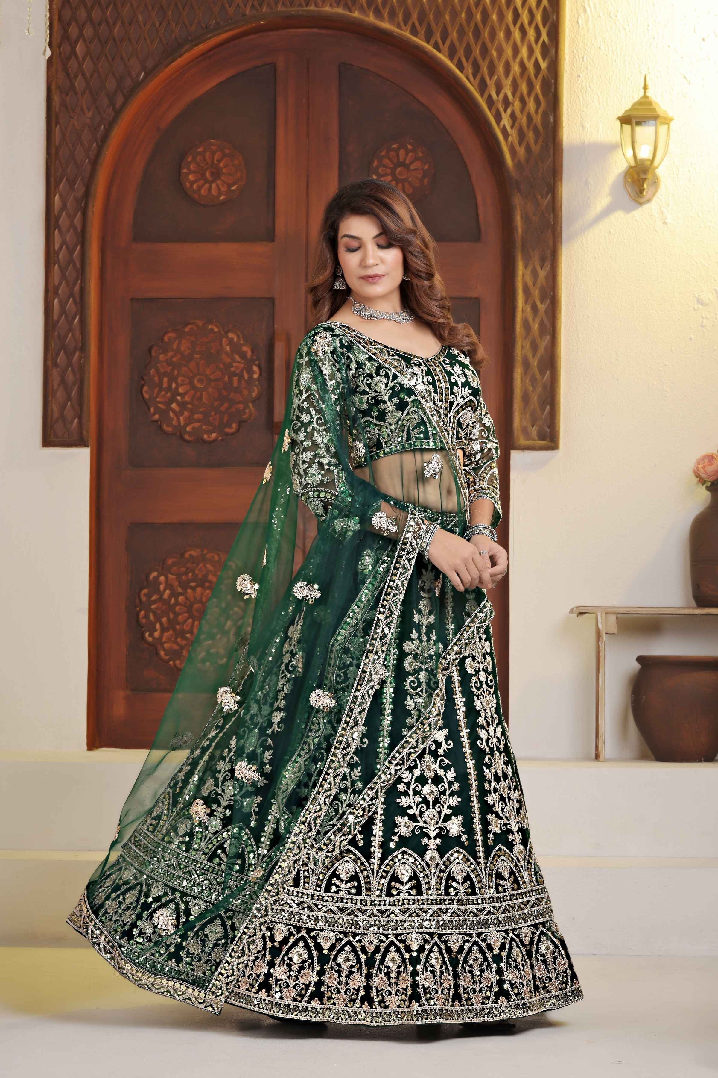Elegent Dark Green Net Embroiderd Codding Designer Bridal Wear Lehanga Set