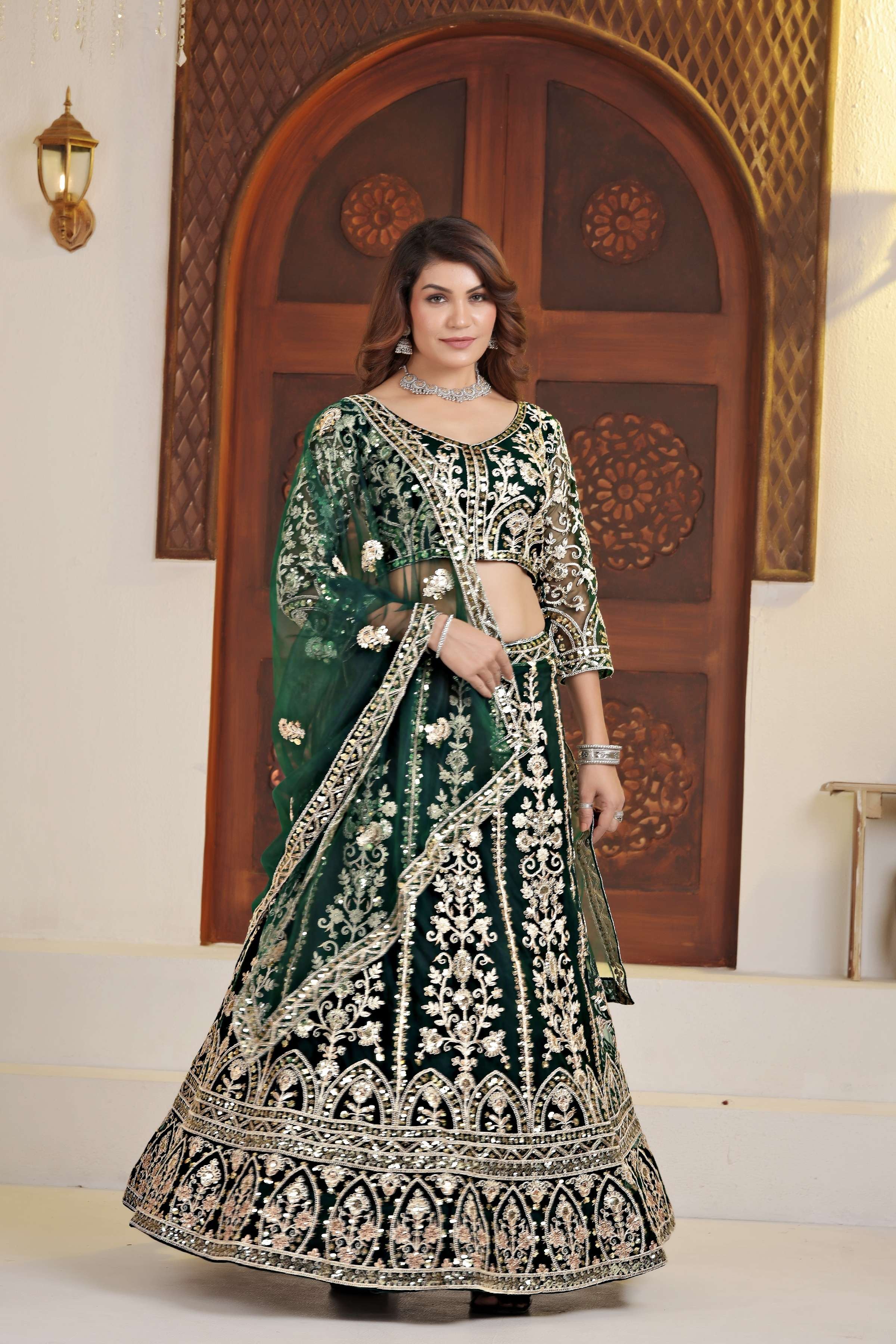 Elegent Dark Green Net Embroiderd Codding Designer Bridal Wear Lehanga Set
