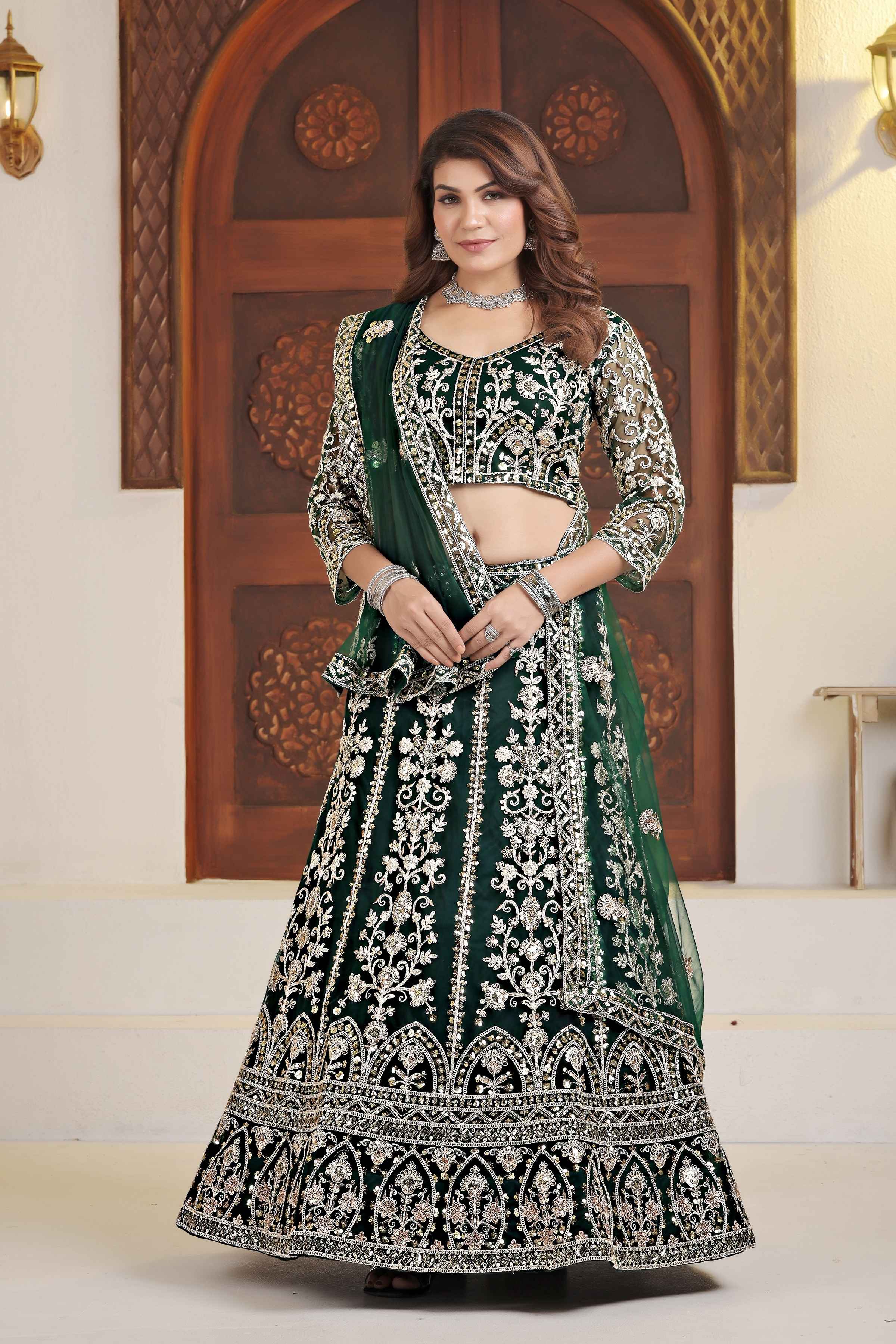 Elegent Dark Green Net Embroiderd Codding Designer Bridal Wear Lehanga Set