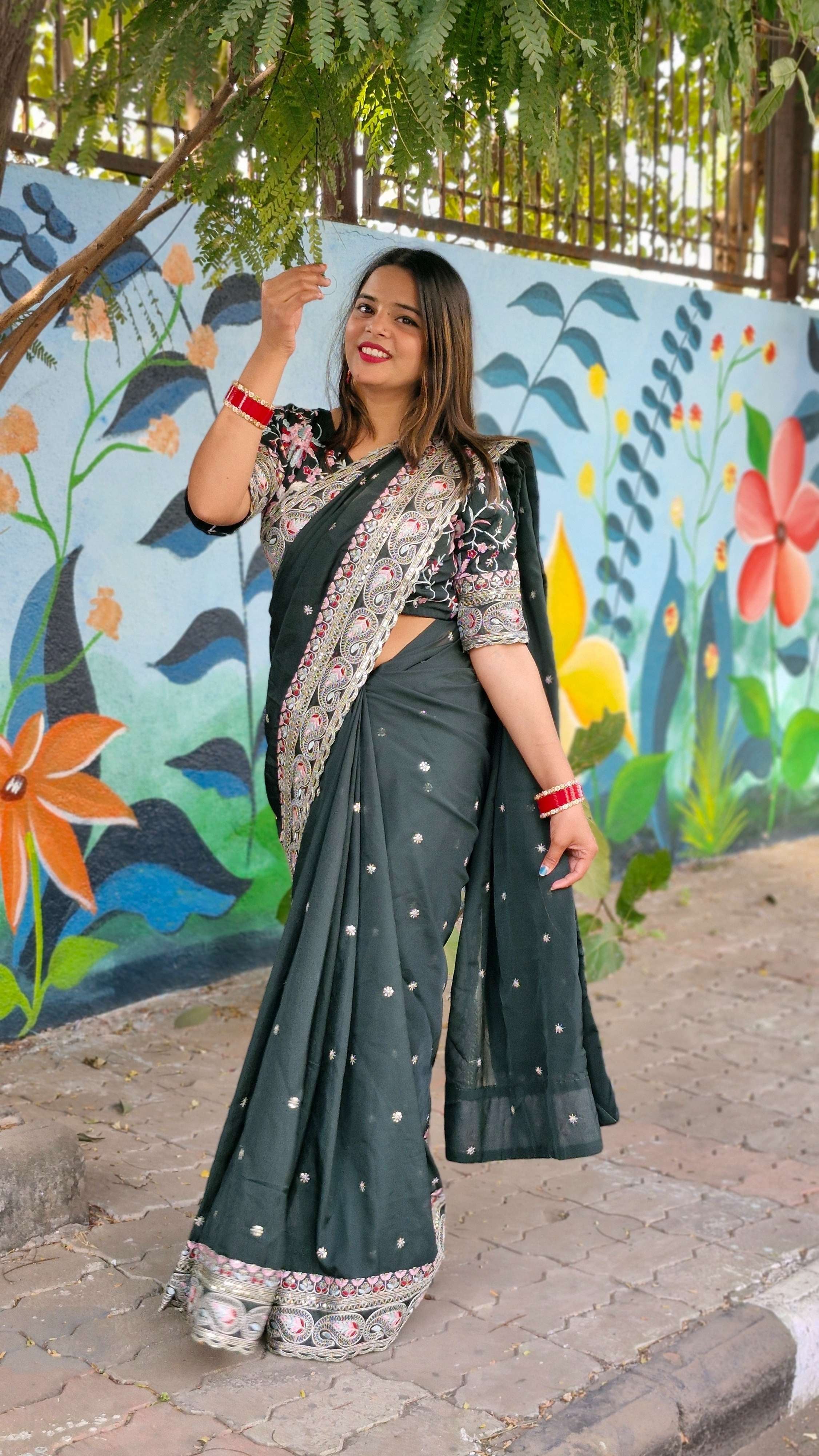 Attractive Bottel Green Organza Silk Embroidery Wedding Wear Lace Work Saree With Blouse