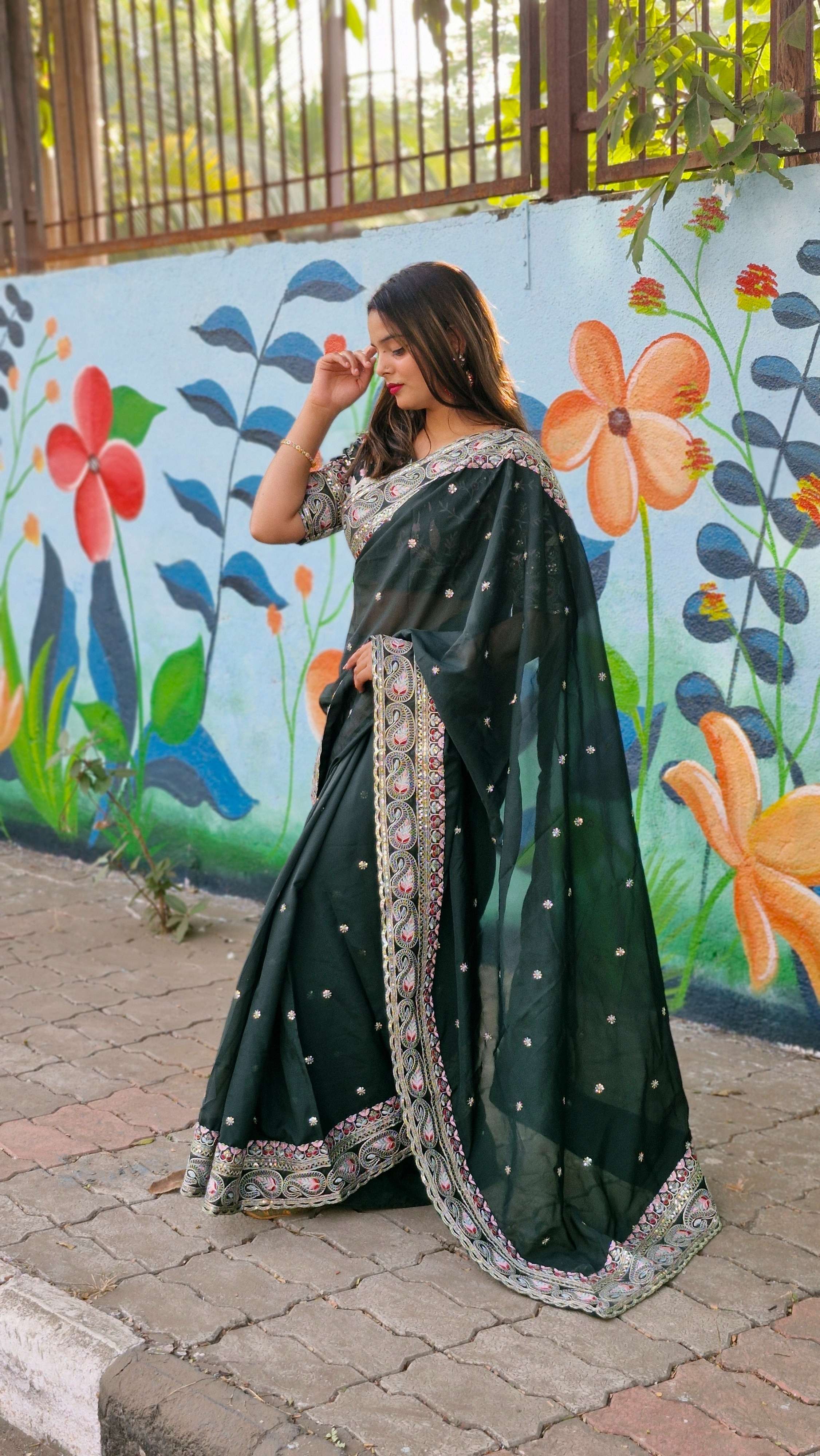 Attractive Bottel Green Organza Silk Embroidery Wedding Wear Lace Work Saree With Blouse