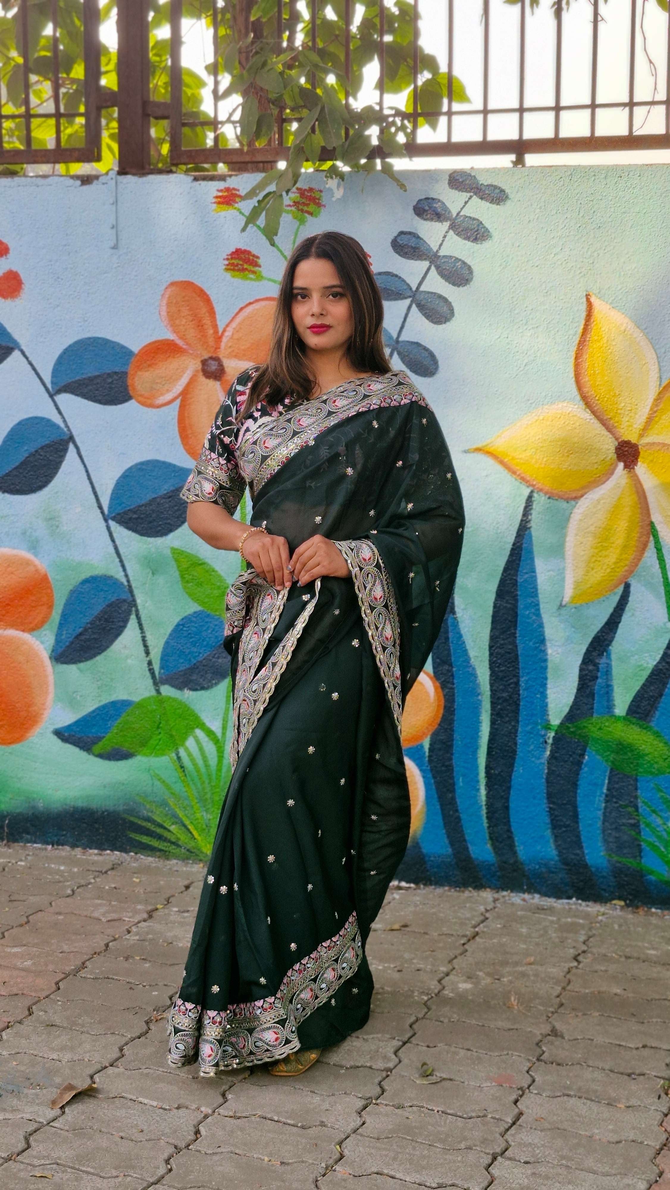 Attractive Bottel Green Organza Silk Embroidery Wedding Wear Lace Work Saree With Blouse