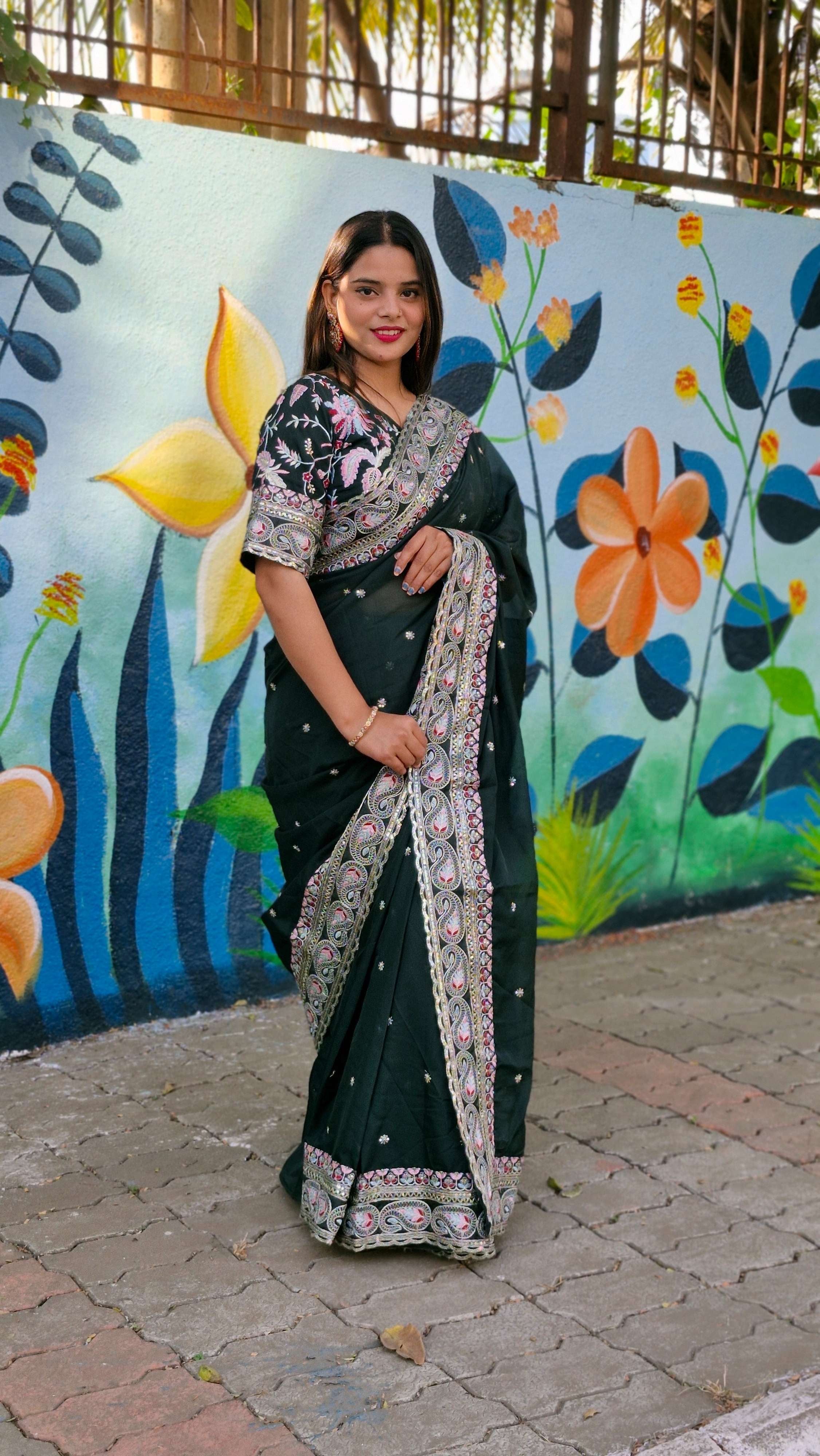 Attractive Bottel Green Organza Silk Embroidery Wedding Wear Lace Work Saree With Blouse