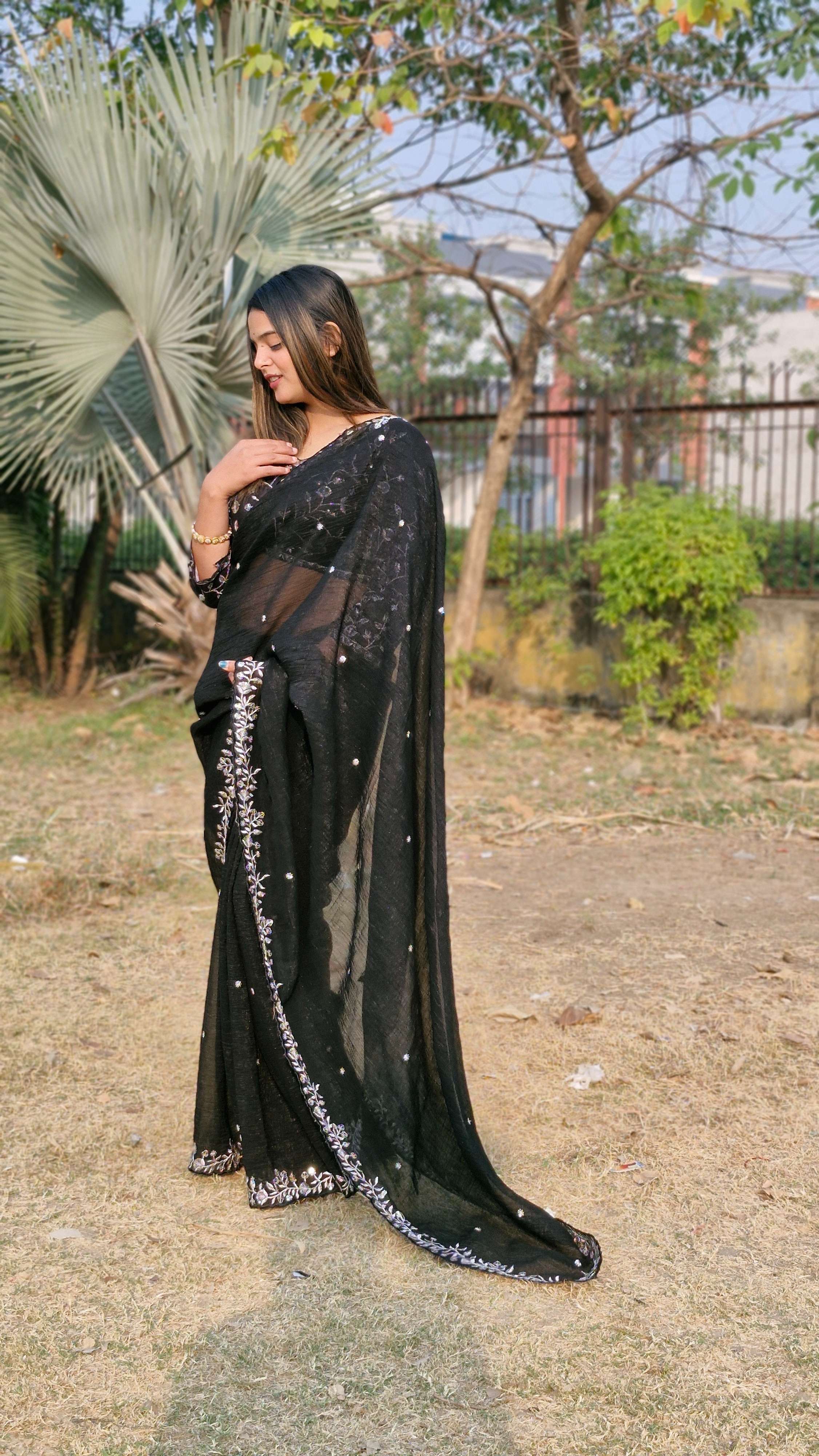 Lovely Black Candy Crush Sequence C Pallu Party Wear Saree With Embroidery Blouse