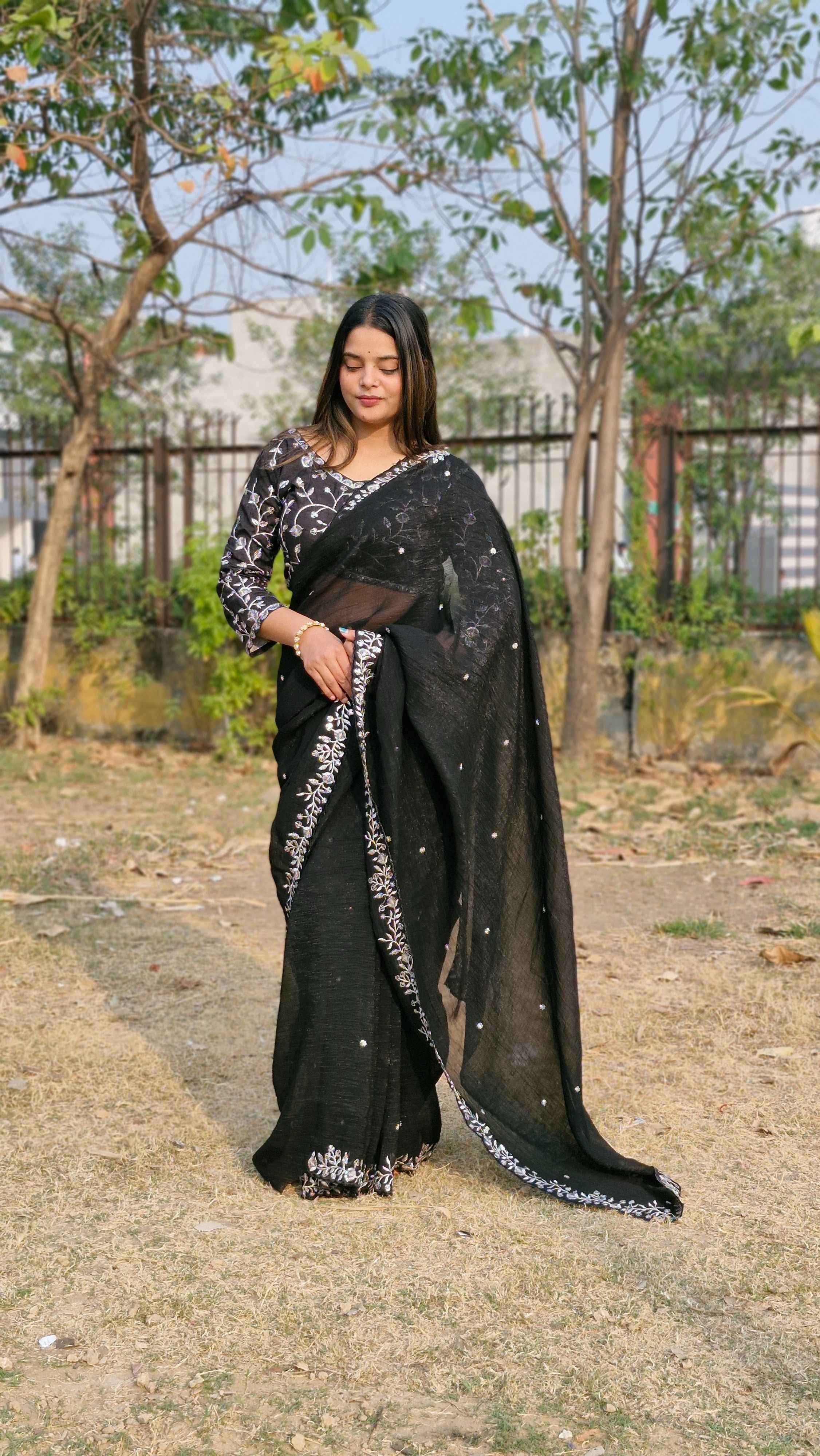 Lovely Black Candy Crush Sequence C Pallu Party Wear Saree With Embroidery Blouse