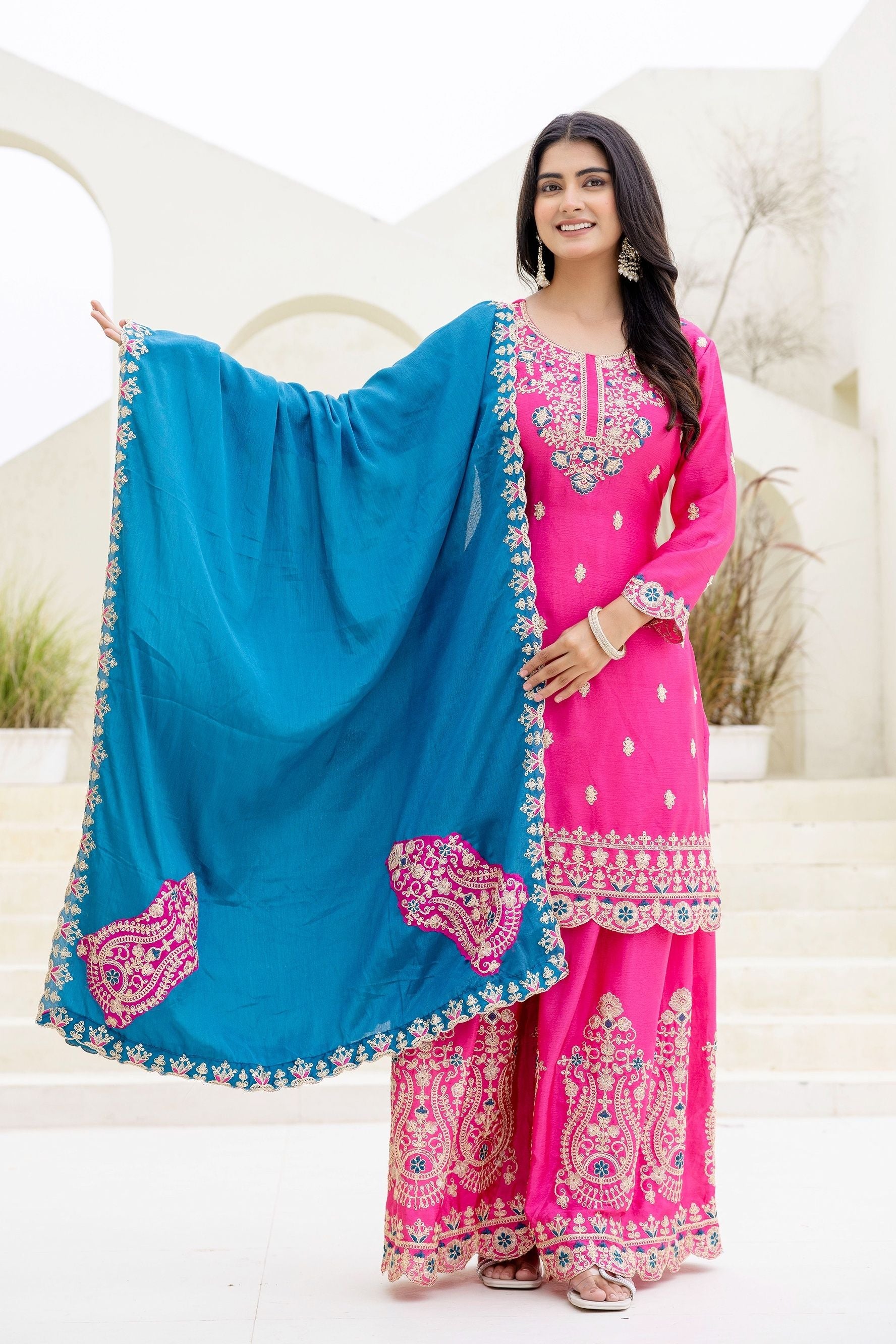 Fablous Rani Embroidered Sequence Designer Salwar Suit With Contrast Blue Dupatta
