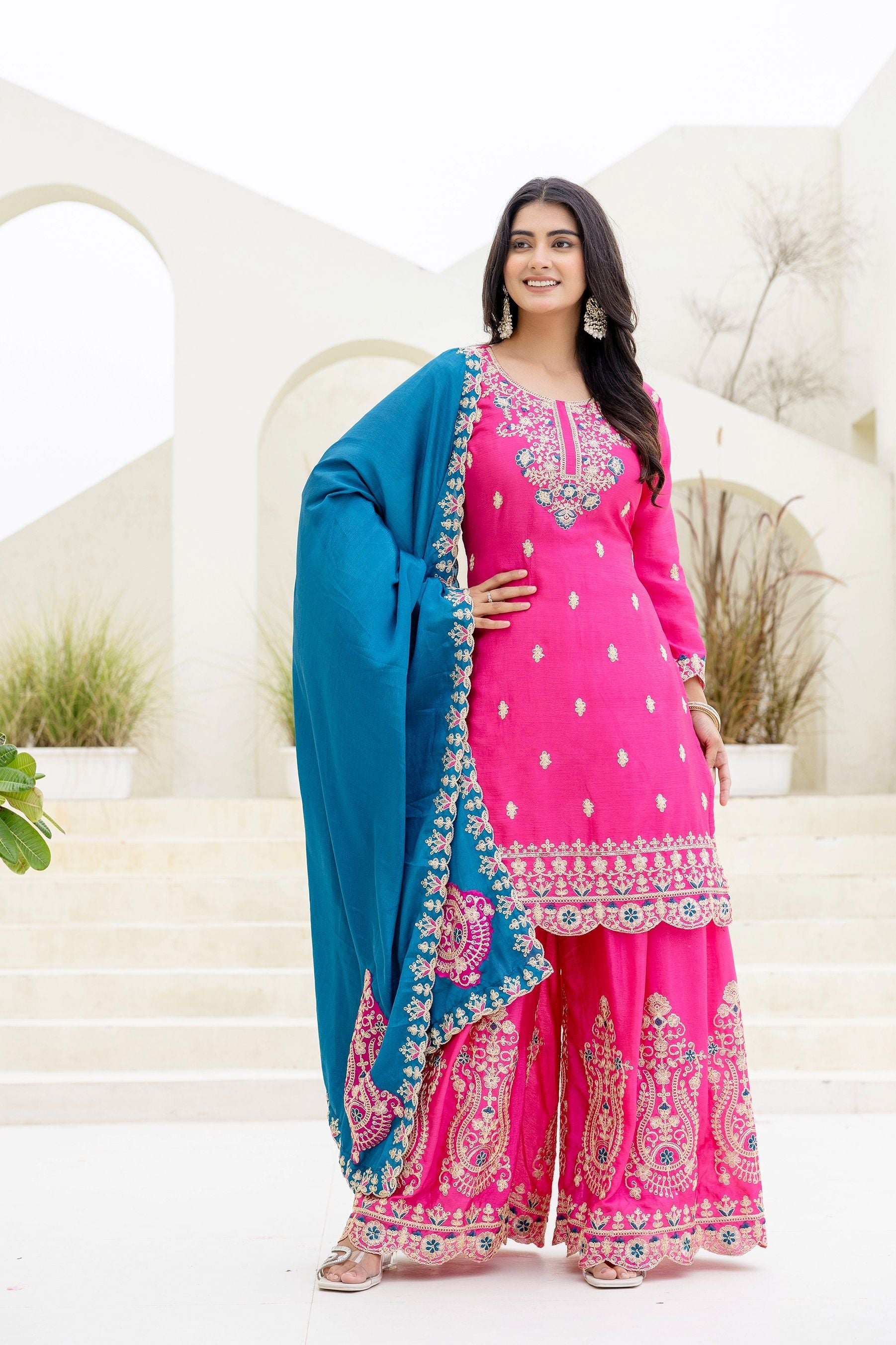 Fablous Rani Embroidered Sequence Designer Salwar Suit With Contrast Blue Dupatta
