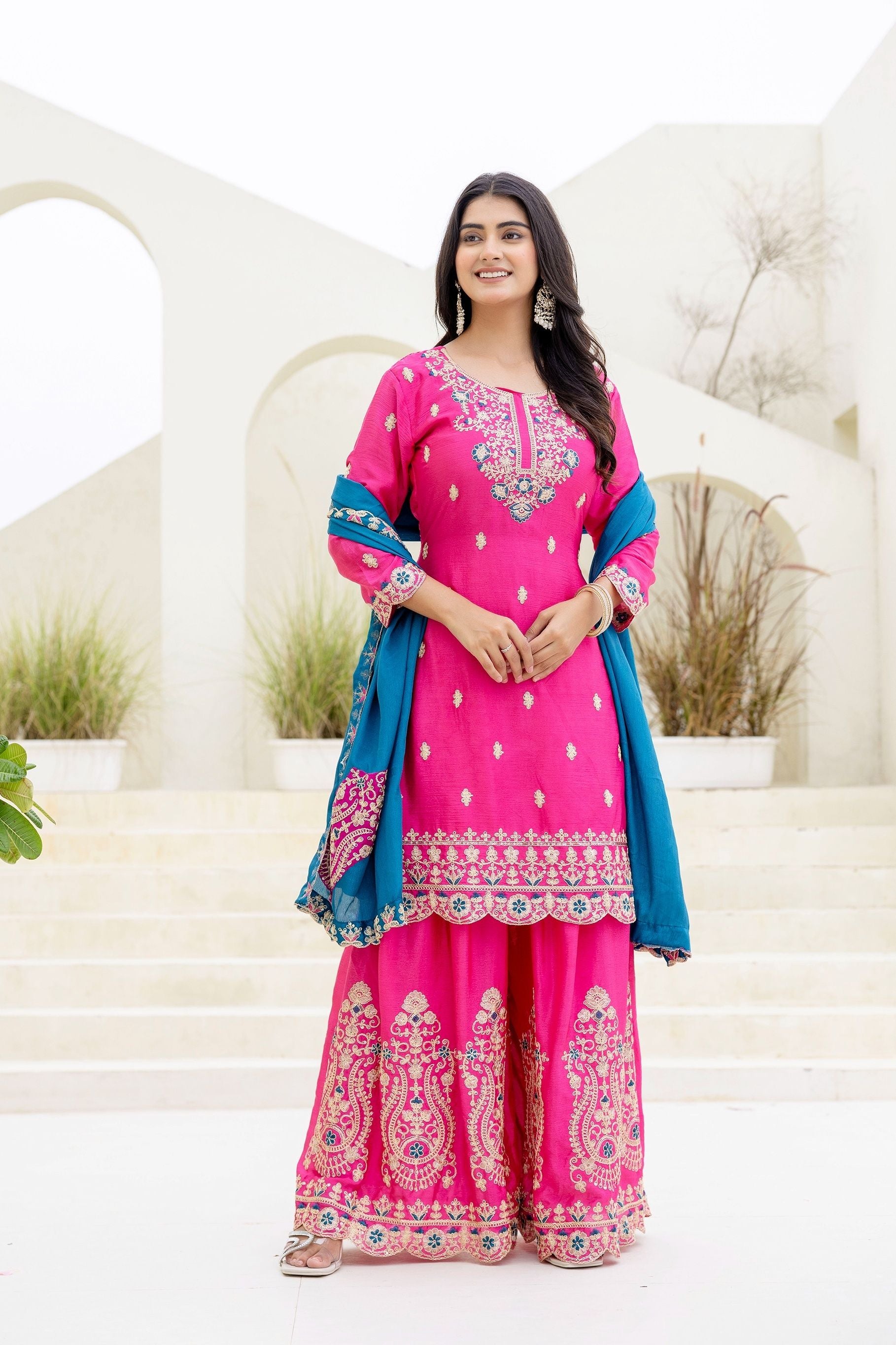 Fablous Rani Embroidered Sequence Designer Salwar Suit With Contrast Blue Dupatta
