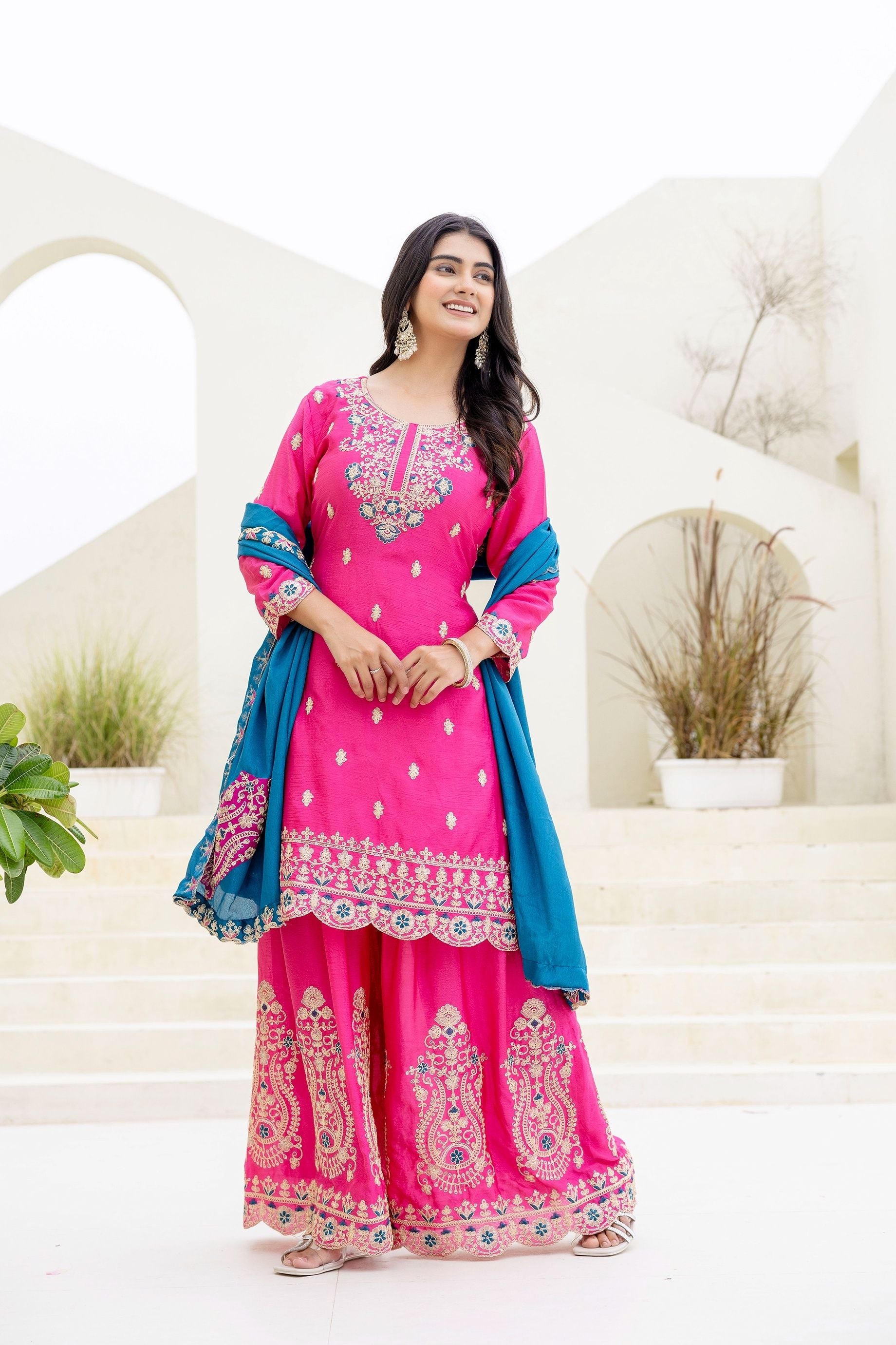 Fablous Rani Embroidered Sequence Designer Salwar Suit With Contrast Blue Dupatta