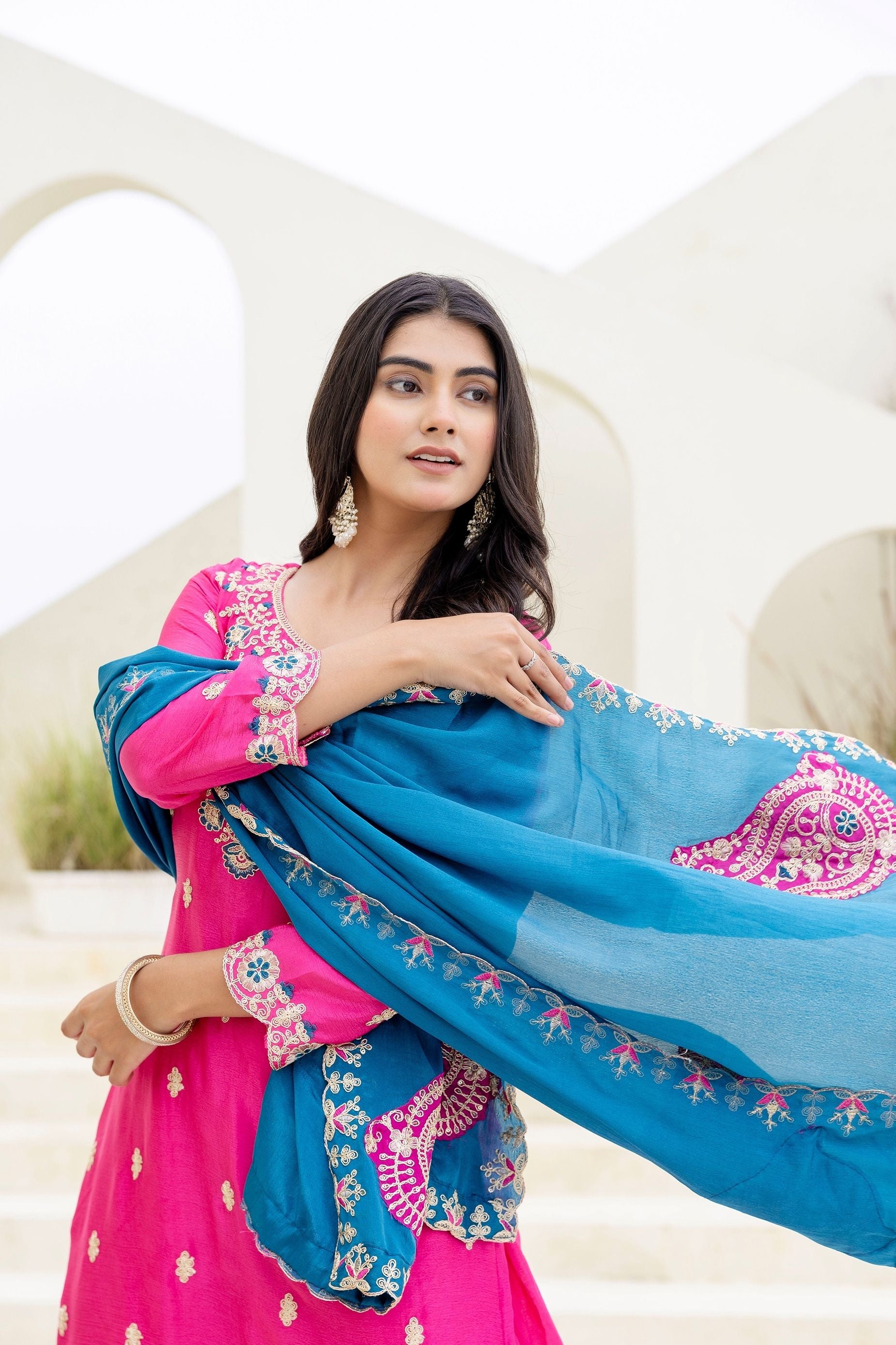 Fablous Rani Embroidered Sequence Designer Salwar Suit With Contrast Blue Dupatta